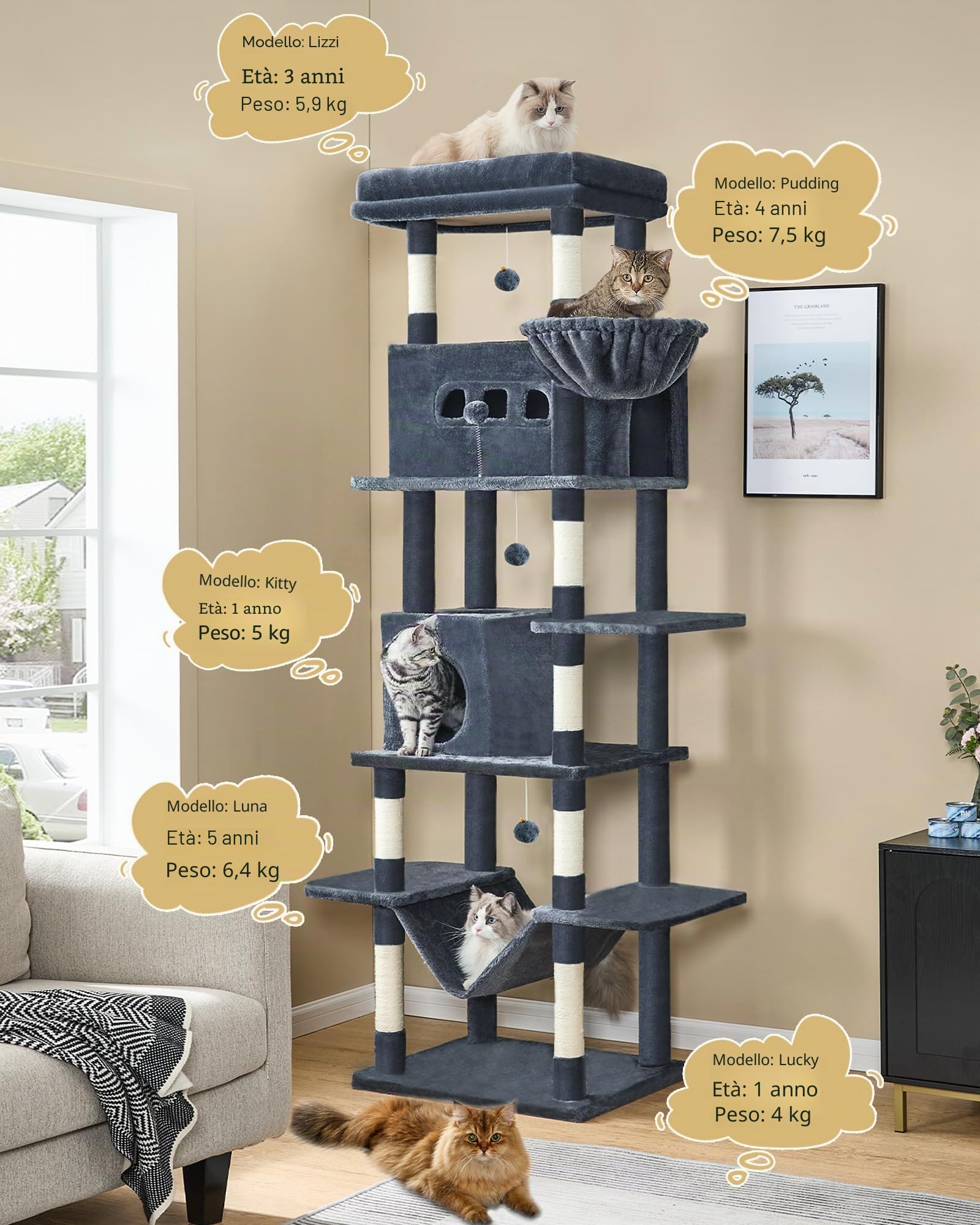 Hzuaneri Albero per Gatti, tiragraffi per gatti adulti 210 cm, xxl, giochi per gatti, Lavabile, trespolo per gattis con 2 Grotte, 8 Tiragraffi, Cestini, Amaca, Pompon, Grigio Scuro MS21018SG