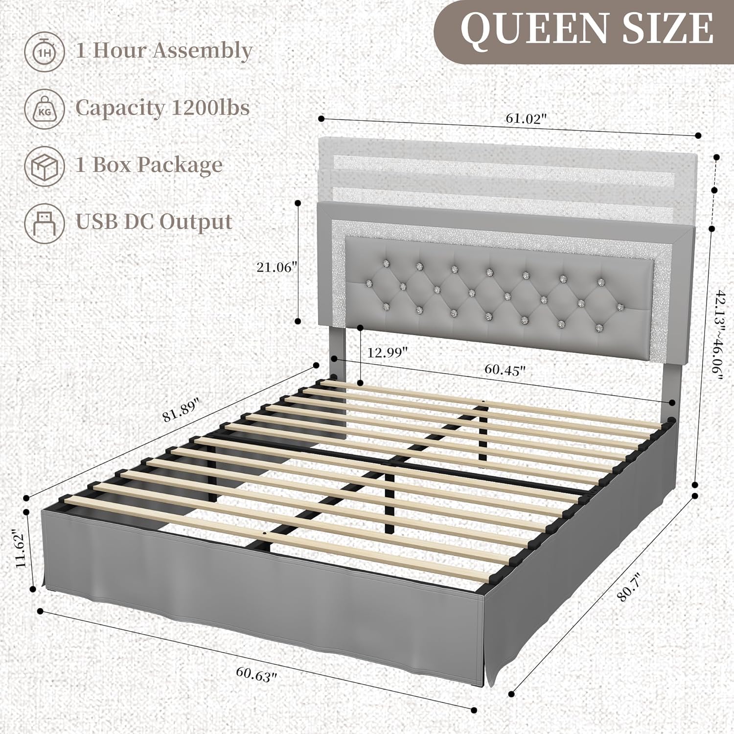 SIBEDS Queen Bed Frame with Adjustable Headboard, Upholstered Platform Bedframe with LED Lights and Skirt, Diamond Button Tufted Mattress Foundation with Wooden Slats Support, Easy Assembly, PU Grey
