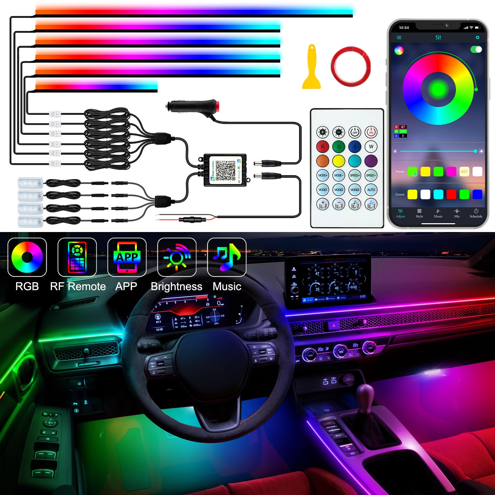 Jushope Dreamcolor Acrylic Interior Car LED Strip Lights with Wireless APP and Remote Control, 10 in 1 Car Ambient Lighting Kits, 176 inches 600 LEDs Music Sync Color Chasing LED Lights for Car
