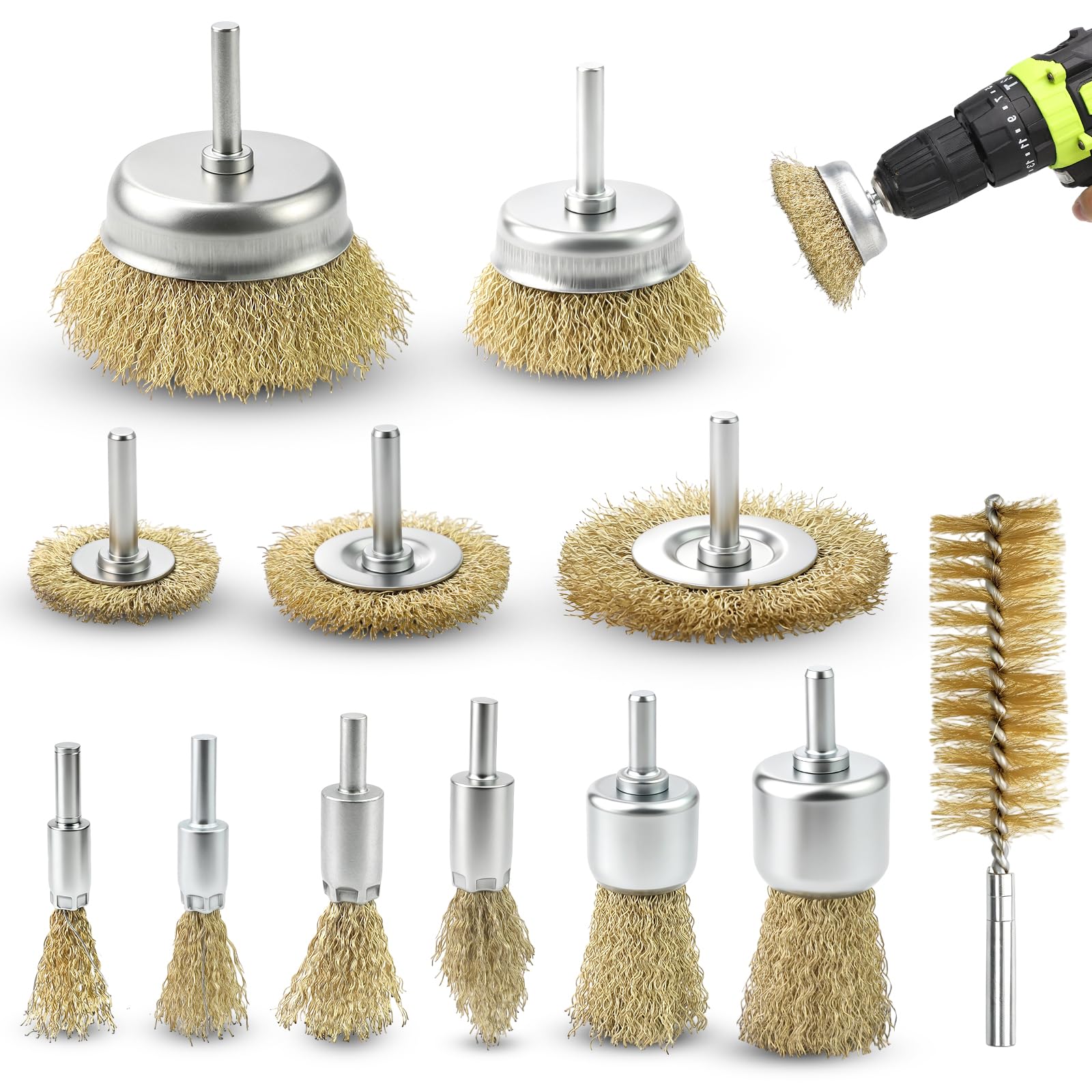 Wire Brush for Drill, 12 Pcs Wire Brush Drill Attachment, Brass Coated Cup & End Brushes with 1/4" Shank, Drill Brush Set, 12 Sizes Cup Wheel Kit for Cleaning, Rust & Paint Removal, Polishing
