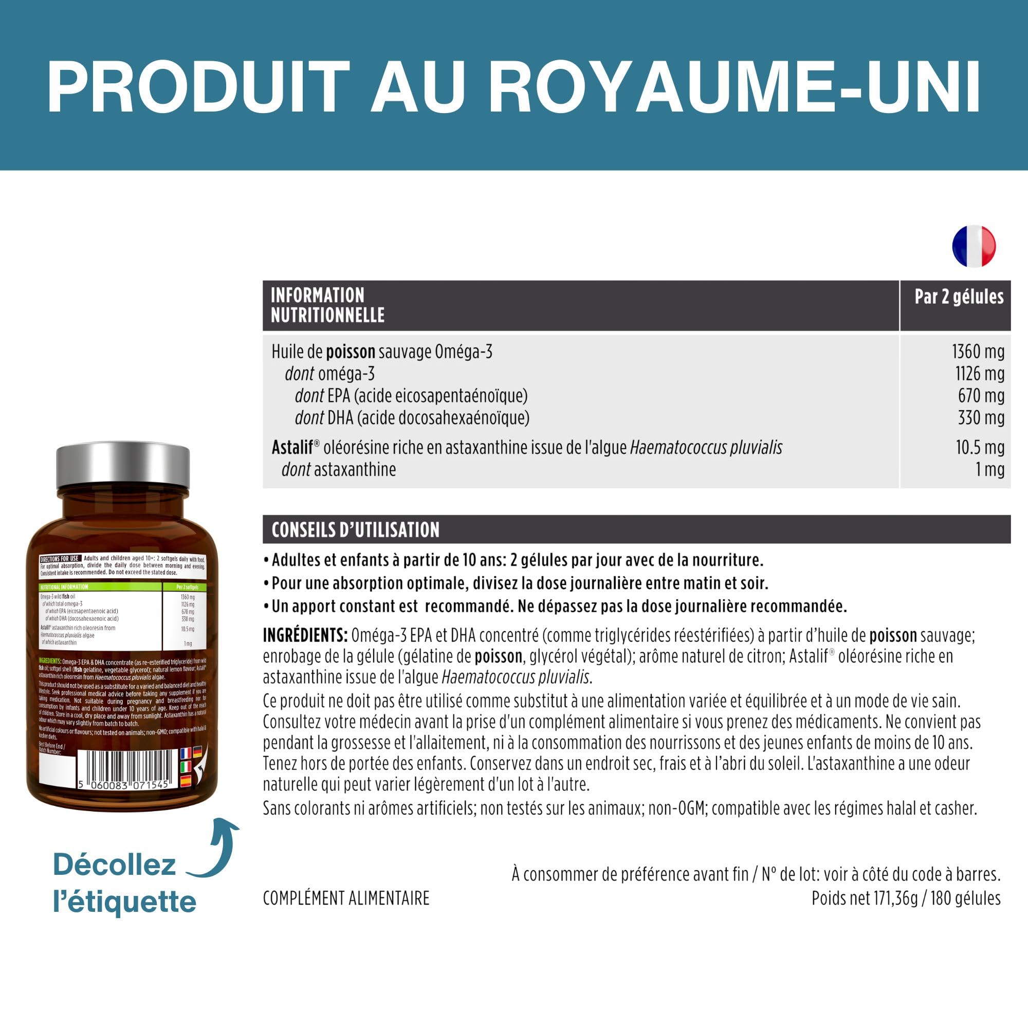 Igennus Omega-3 Huile de poisson sauvage et astaxanthine, certifié IFOS | Triglycérides rTG de qualité supérieure, acides gras oméga-3 EPA et DHA 1000mg, 180 capsules