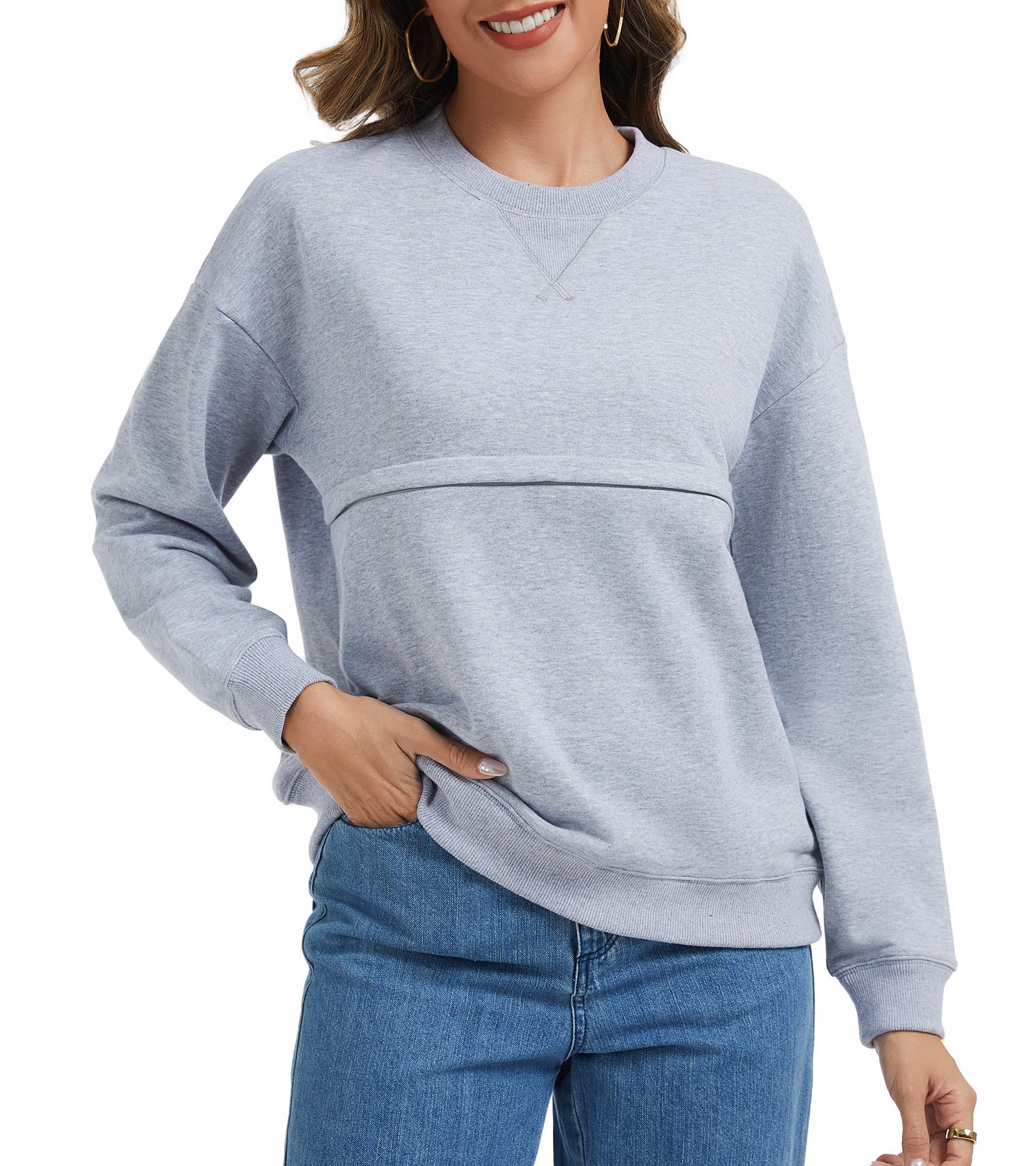 Sosolism Damen Stillshirt Baumwolle Reißverschluss Stillpullover