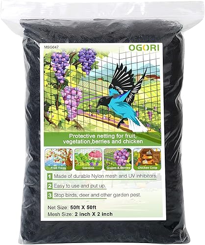 Red para pájaros de 50 x 50 pies, malla de nailon resistente, malla de 2 pulgadas, protege árboles frutales, plantas y verduras
