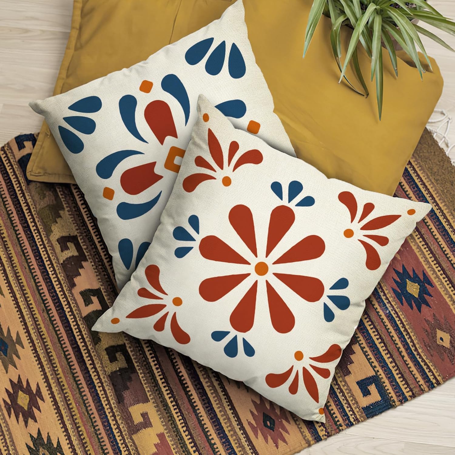 Fahrendom Mexican Talavera Tile Decorative Throw Pillow Covers 18 x 18 Set of 4, Boho Colorful Spanish Floral Porch Patio Pillowcase, Southwestern Traditional Flower Sofa Couch Cushion Case Home Decor