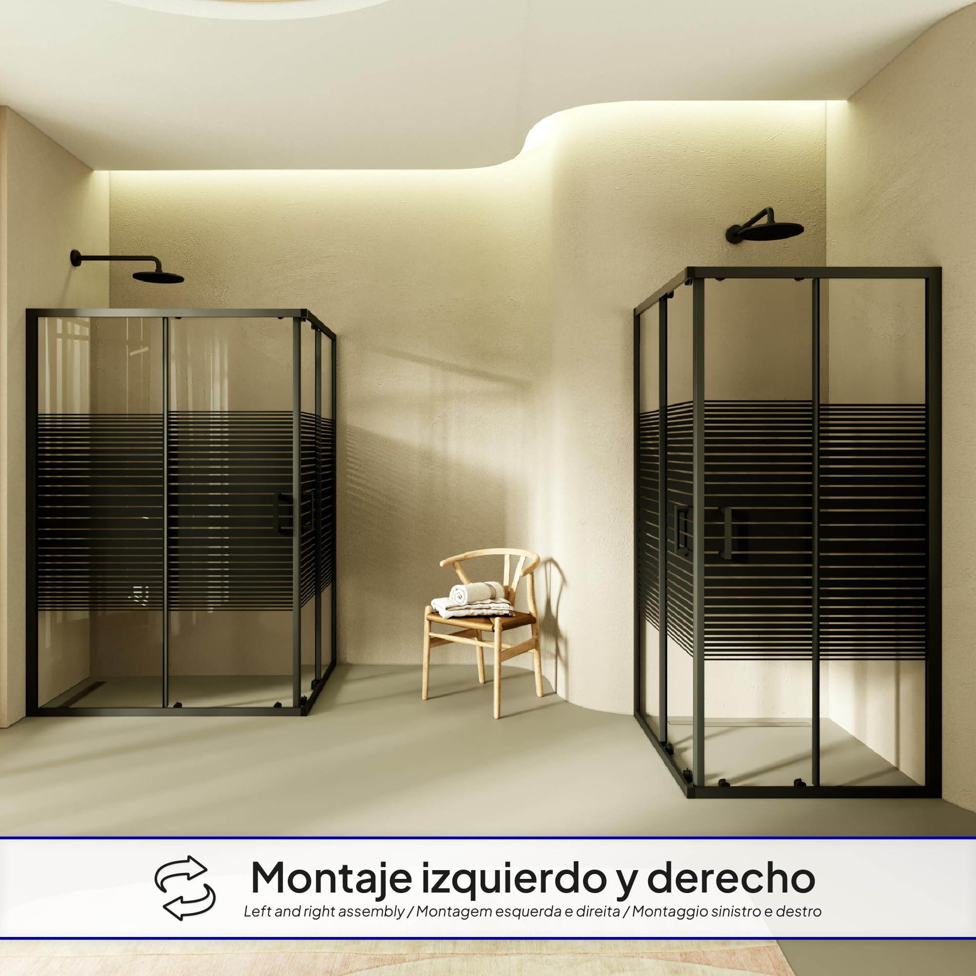 Mampara de Ducha Diana 75x75x180cm | REVERSIBLE | Puertas correderas, Ajuste 72,5-74,5 x 72,5-74,5cm | Perfiles Negros, Cristal serigrafiado con líneas horizontales de 6mm