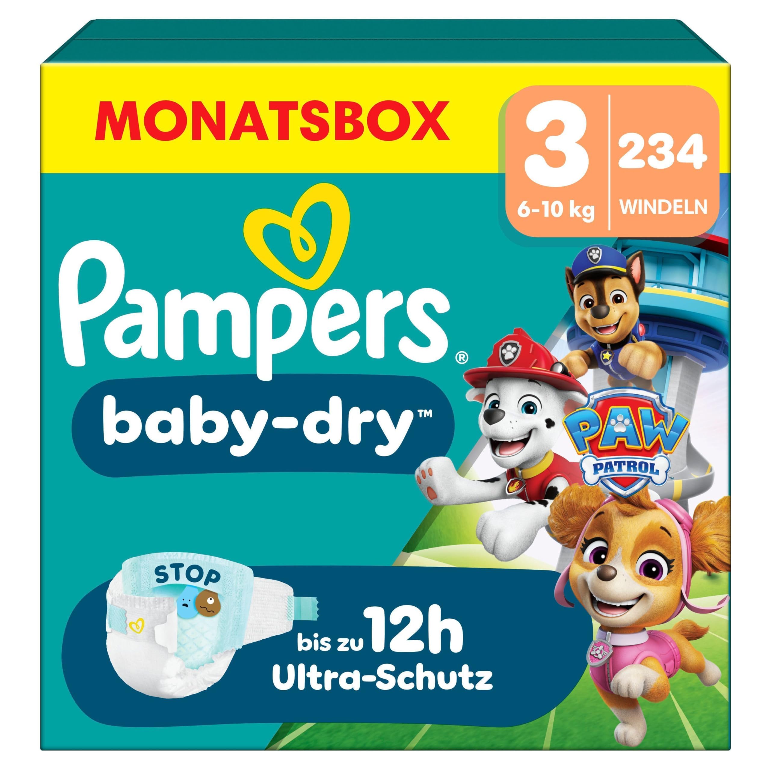 Pampers Baby-Dry Paw Patrol Edition Größe 3, 234 Windeln, 6kg-10kg, Bis zu 100Prozent Auslaufschutz und Komfort die ganze Nacht