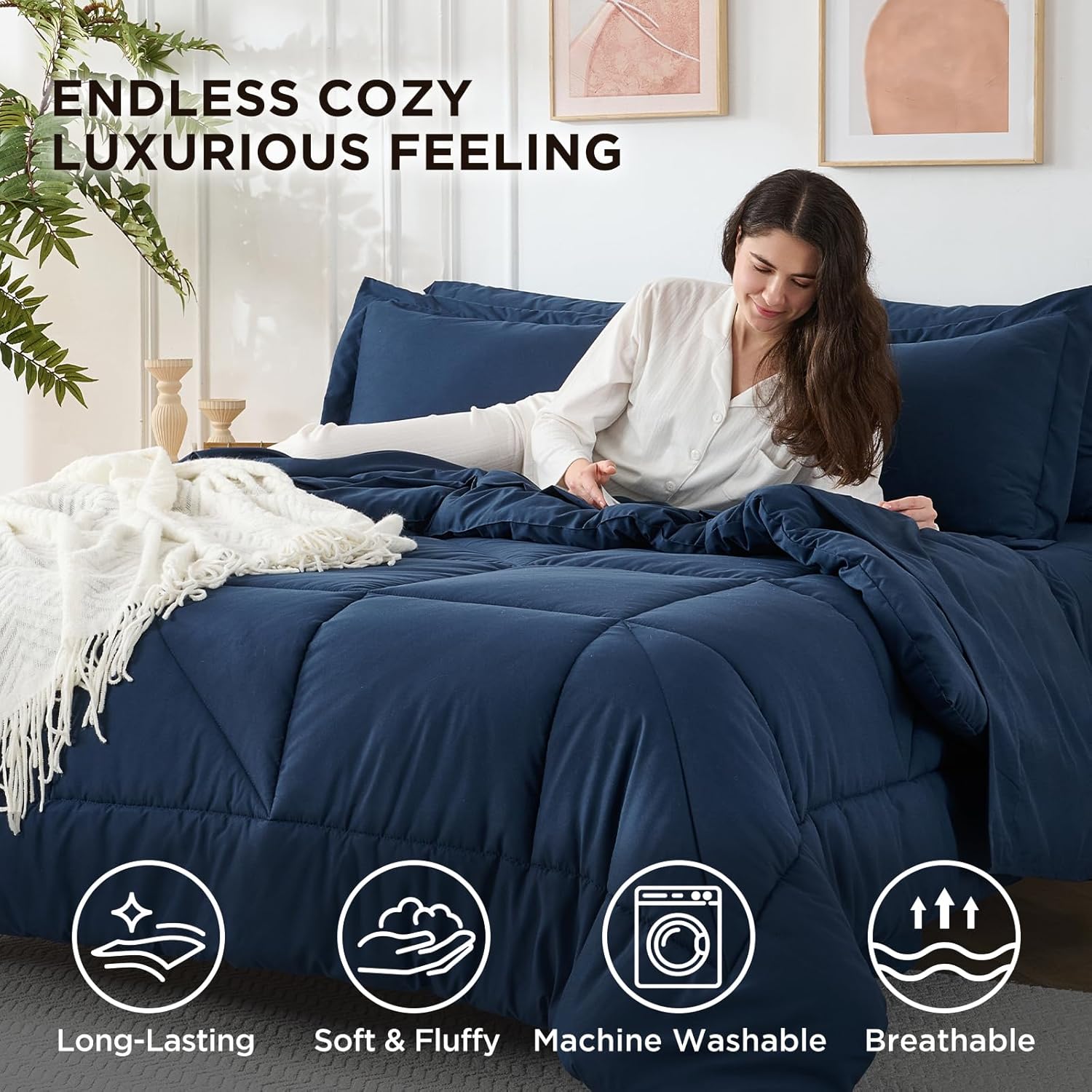 7 Pieces King Comforter Set - Utral Soft Microfiber Bedding Set, Thick Duvet Insert Bed in a Bag Without Rustling Noise for All Season, Navy (102"x90")