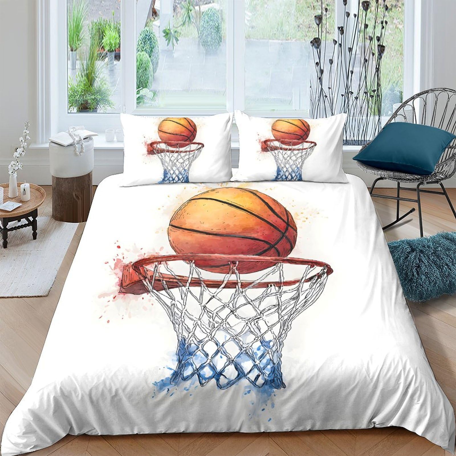 GPLZQXKJNH 3D Printed Basketball Slam Dunk Duvet Cover Microfiber Soft Breathable Net Hoop Bedding Set with 2 Pillowcases for Bedroom Decor, Single（135x200cm）