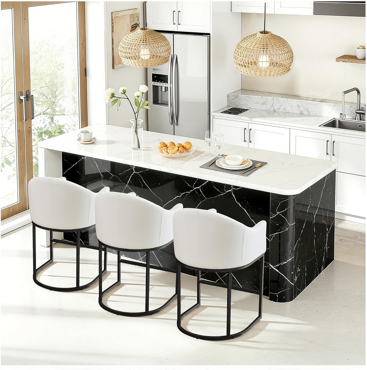 26" H Counter Height Bar Stools, Modern Barrel Counter Stools with Backrest and Arms, Breathable Line Fabric Accent Barstools for Kitchen Island, Support 450 LBS, Off White/Black
