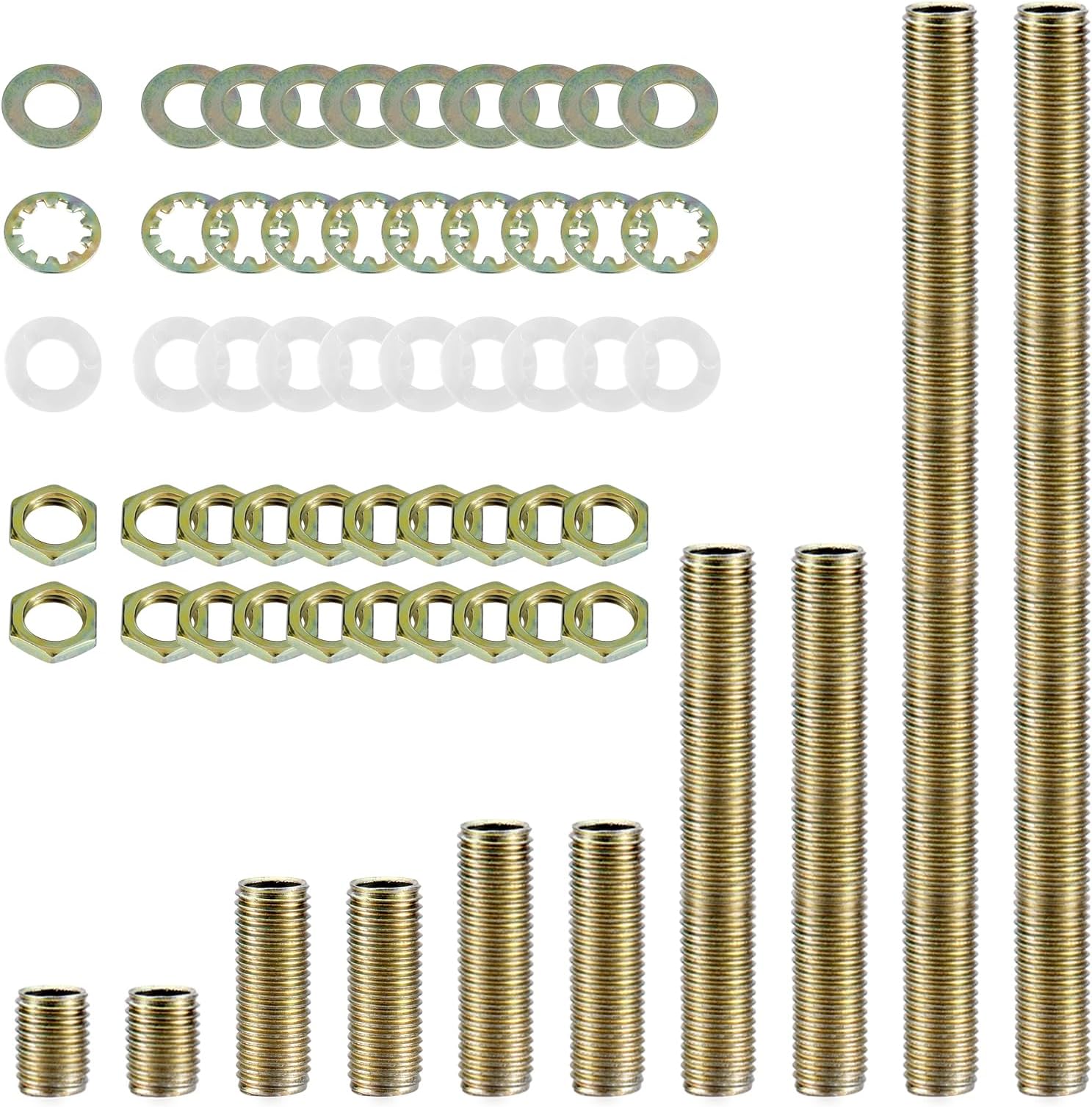 Antique Brass Lamp Repair Hardware Kit - 5 Sizes, 60 Pieces, Includes Pipe Nipples, Lock Nuts, Washers, Perfect for Lamp Assembly & DIY