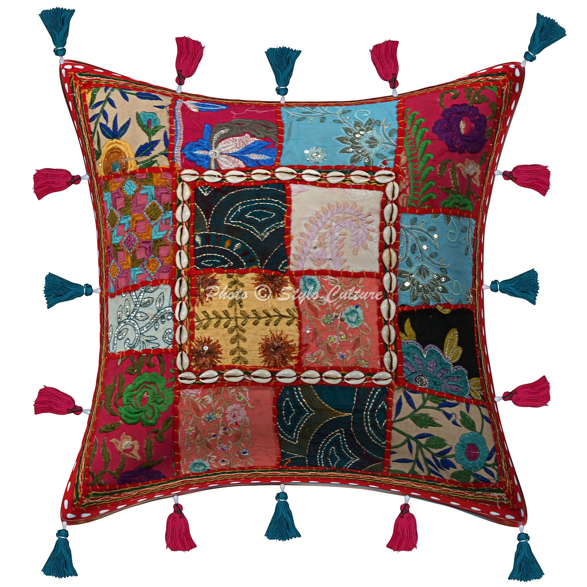 Indische Dekorativ Baumwolle Couch Kissenbezüge 40x40 cm Rot Dekokissen Gesticktes Patchwork Schlafzimmer Sofa Kissen Bezüge Blumen Quadrat Umschlagverschluss 16x16 Kissenhullen - 4 Stk.