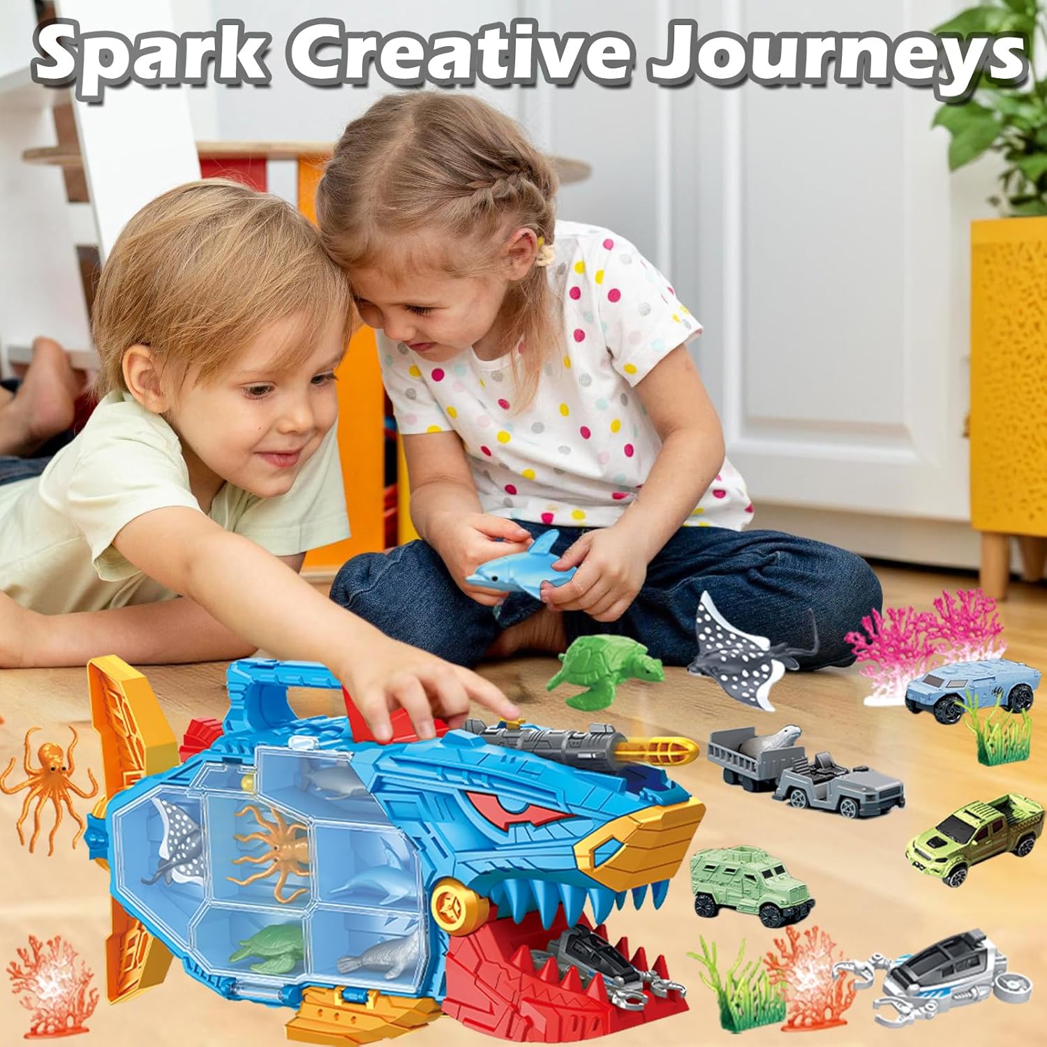 Shark Toy & Deep Sea Creatures Ocean Animal Toys with Truck Cars, 18 Piece Educational Playset for Kids Ages 3+ Years Old, Indoor & Outdoor Play, Preschool Learning for Boys Girls