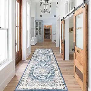vivorug Blue Runner Rug 2x10 Machine Washable Rug with Non-Slip Backing, Ideal for Kitchen Hallway Entryway Laundry Room - Vintage, Durable, Easy Clean, Low Pile Carpet Runner