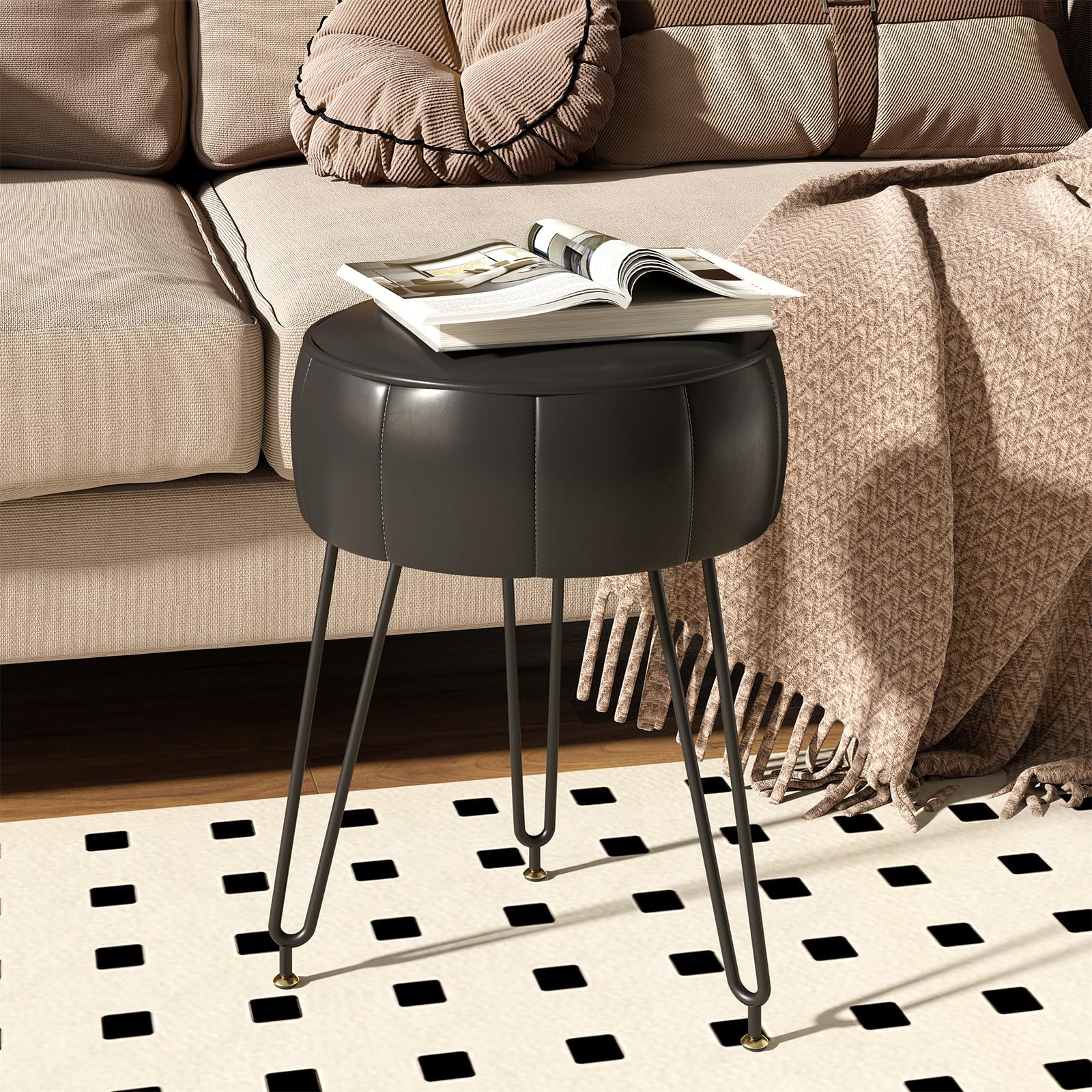 YMYNY Sgabello Rotondo, Stile Ottomano Zucca, Sgabello Cambio Scarpe Con Gambe In Metallo Regolabile 360 ° Superficie In Pelle Cerata Sedia Per Camera Da Letto, Soggiorno 32 x 32 x 44CM Nero HBD036B