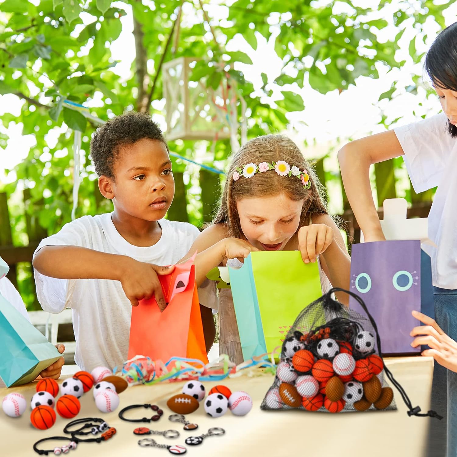 Nosiny Sportball Party Favors - 108 Pcs Bulk Set Including 36 Keychains, 36 Stress Balls & 36 Charm Bracelets for Team Birthday Parties - Image 5