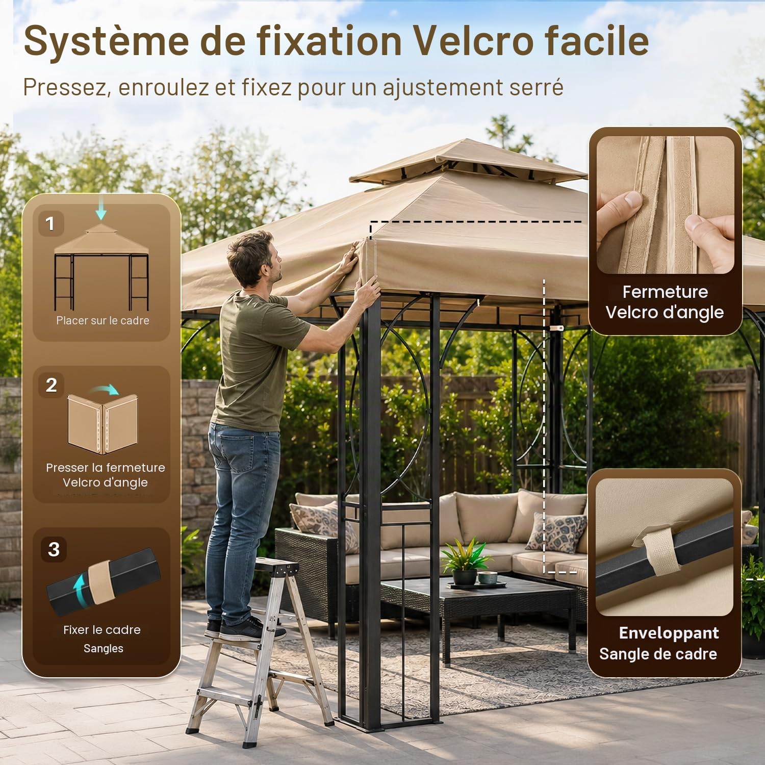 Flexzion Auvent de tonnelle de Rechange imperméable de 3,6 x 3,6 m - Double Niveau UV30 pour auvent, Jardin, terrasse, Tente de Cour (Beige)
