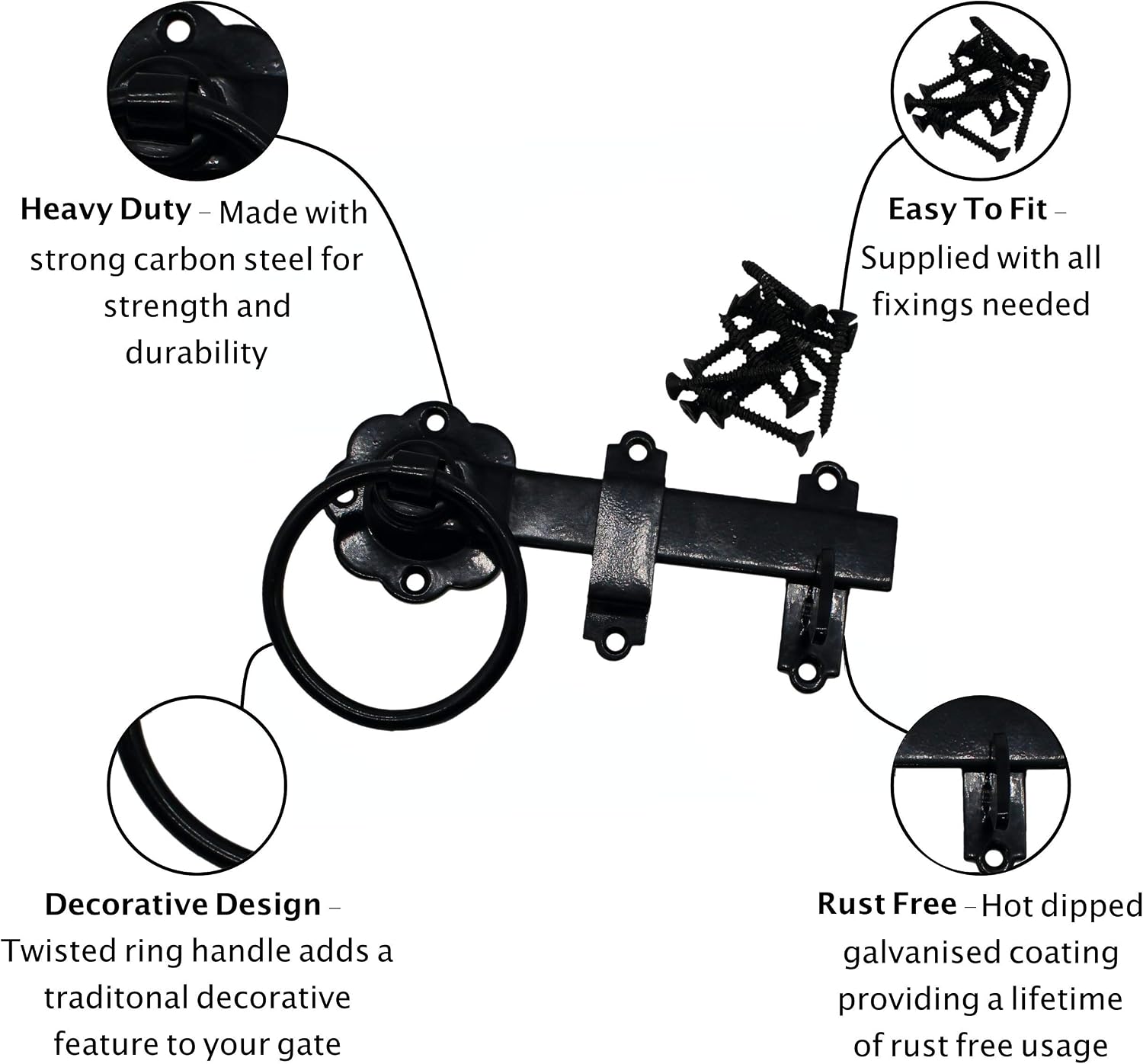 Ring Gate Latch | 6 INCH / 200mm | Plain Ring | Black Powder Coating - Image 3