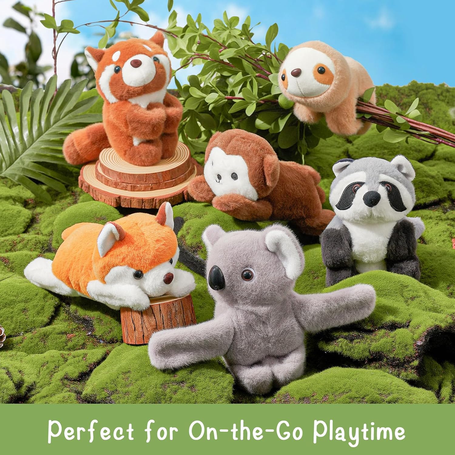 Winrayk 6Pcs Stuffed Animal Slap Bracelets for Kids, 10'' Safari Animal Plush Wrist Snap Bracelets Bulk Jungle Safari Party Favors Birthday Supplies, Red Panda Sloth Koala Raccoon Monkey Fox Plush Toy