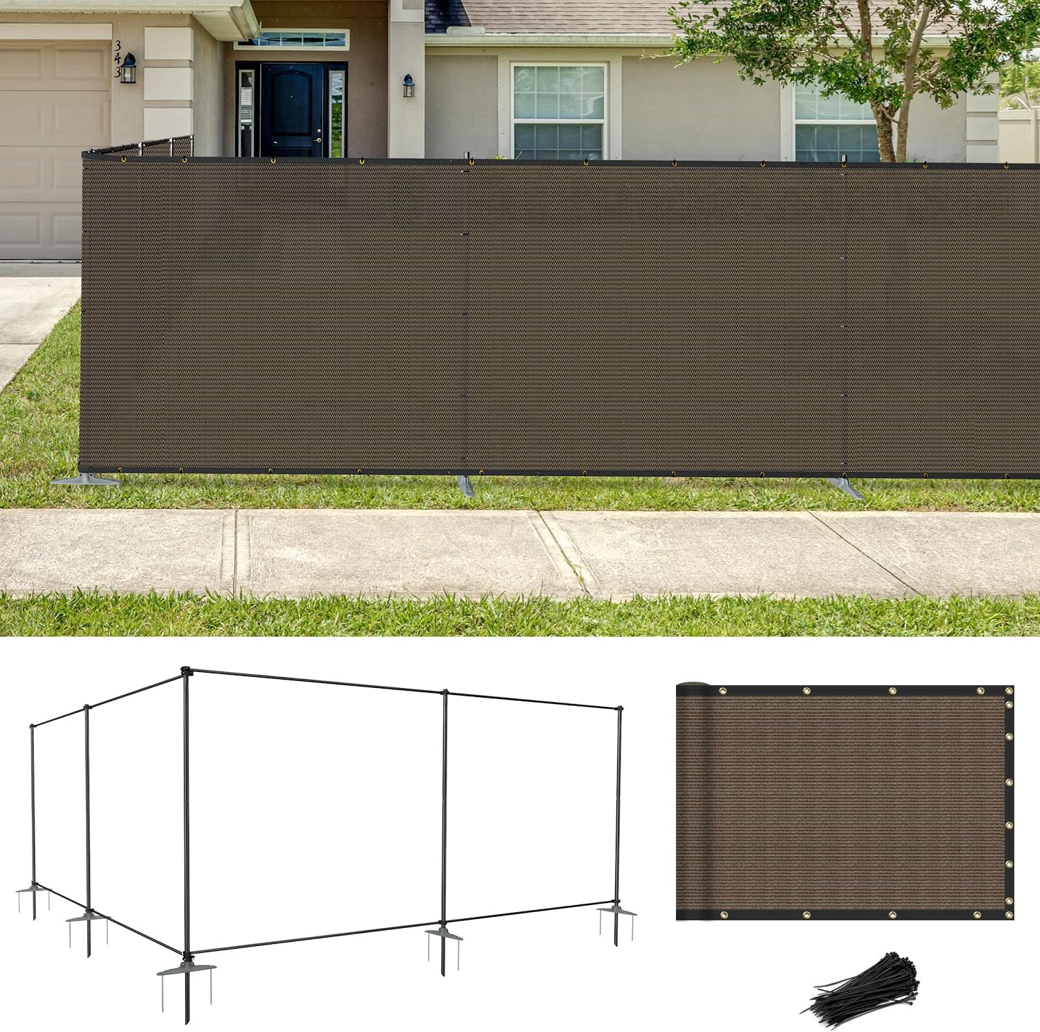 Coarbor Iron Poles Privacy Fence 6'H x 24'W Metal Fence Covering Privacy Fence Screen with Zipties and Base Anchor for Outside Garden Backyard Dog Kennel Chicken Pool, Brown