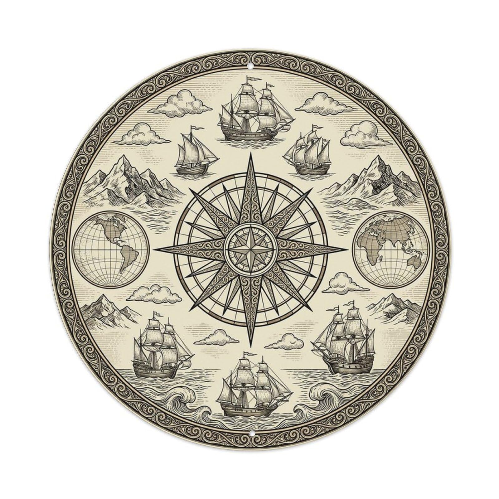 Vintage Nautical Compass World Map Transit Legacy Metal Tin Sign