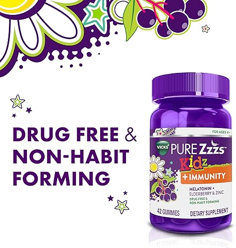 Miniatura 2 de VICKS Pure Zzzs Kidz + Immunity, gomitas de melatonina para dormir para niños y niños, zinc para apoyo inmunológico, dosis baja de melatonina, sabor