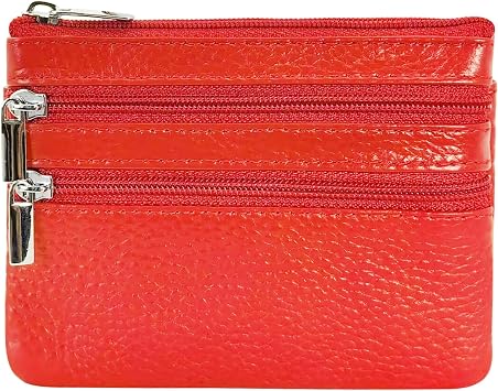 Womens Leather Portable Coin Purse, Pocket Wallet, Zipper Card Holder Wallet with Key Ring