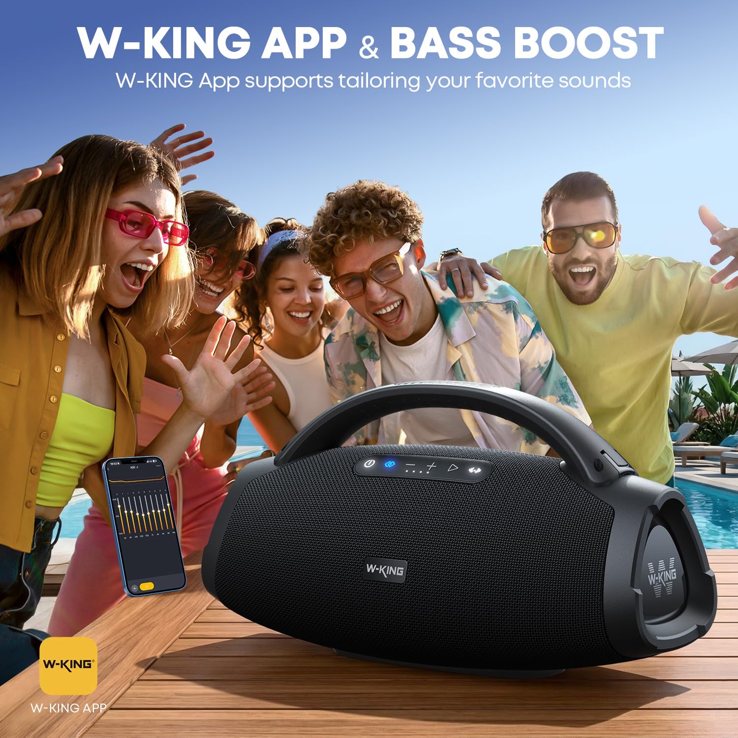 W-KING 330W Peak Bluetooth Lautsprecher Box Groß 200W RMS Tragbarer Lautsprecher Party mit 7.5" Subwoofer/40Hz Monströse Bässe/EQ APP/5-Treiber/2.1-CH/3-Wege/BT 5.4/IPX7/OTG/AUX, Musikbox für Outdoor