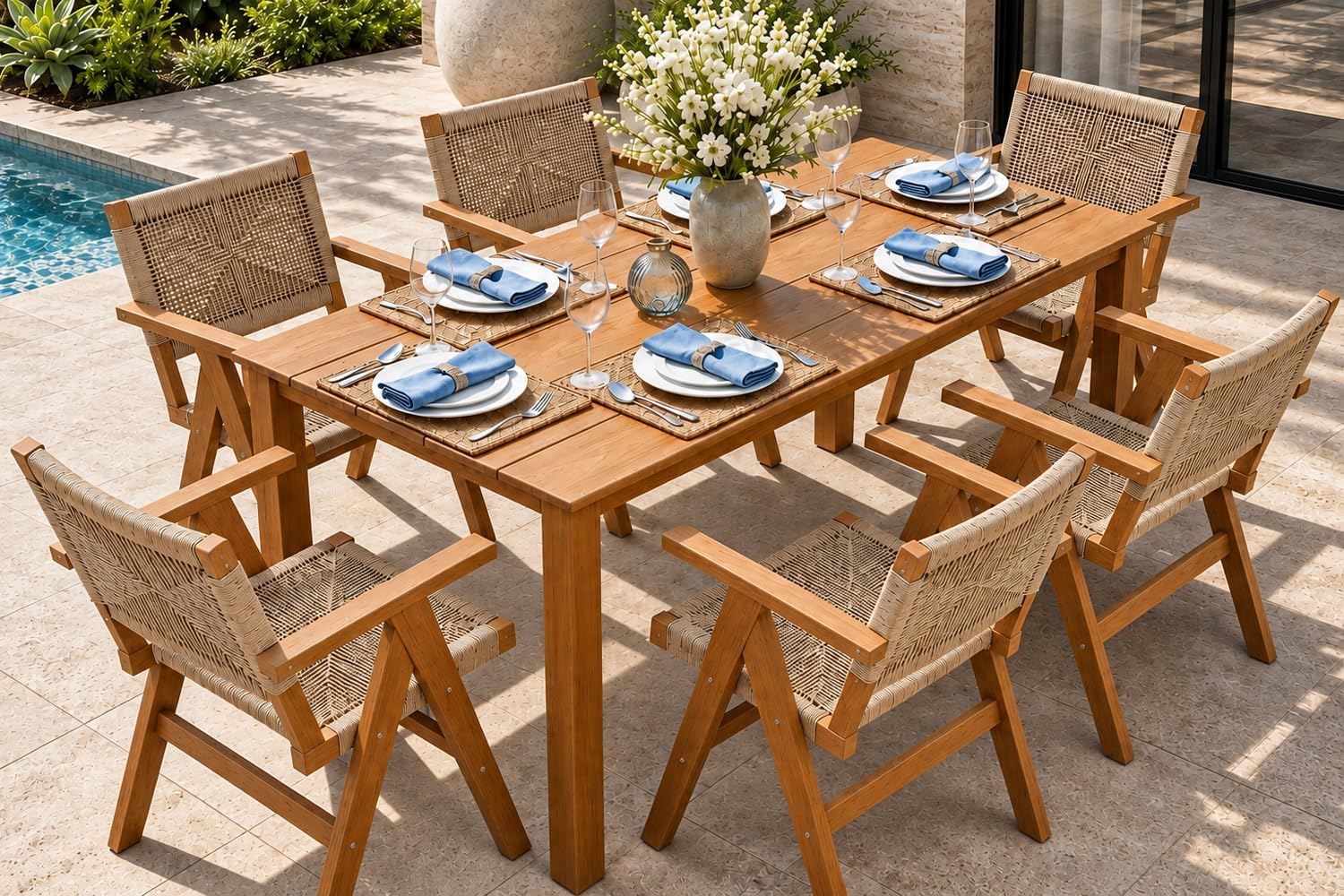 7-Pieces Outdoor Dining Set, HDPE Outdoor Table & 6 Hand-Woven Rattan Chair