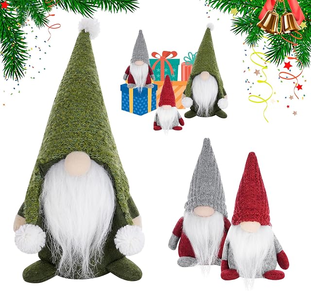 Homewit 3PCS Christmas Gnomes Plush Santa, 11.8 inch Large Plush Santa Swedish Tomte Christmas Gnome Decoration and 2 Mini Xmas Elf Dwarf for Table OrnamentChristmas Decorations Gifts, Green/Red/Gray