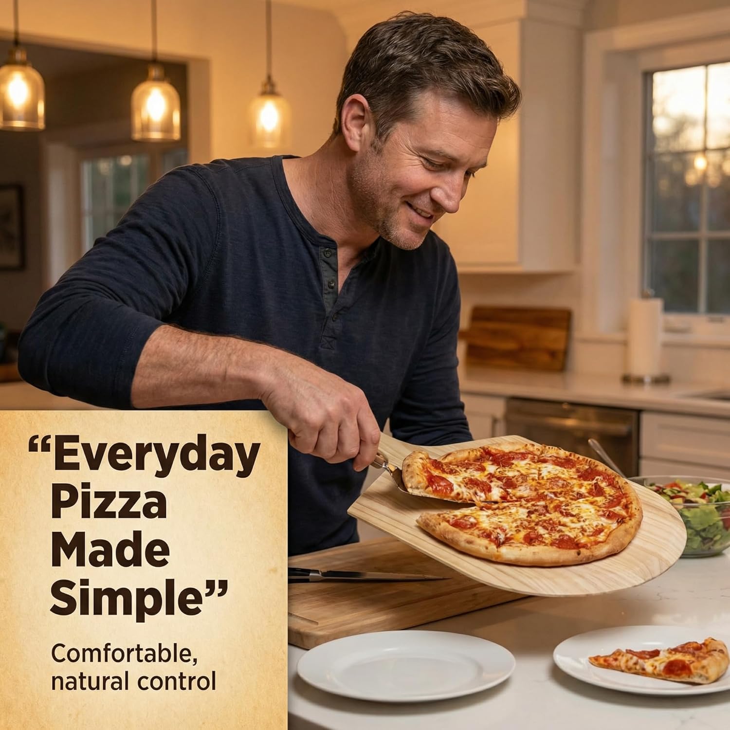 Wooden Pizza Peel, 16 x 14 inch Blade with 8 inch Handle, Pinewood, 24 inch Overall Length with Tapered edge with hole on the end of the handle. (1)