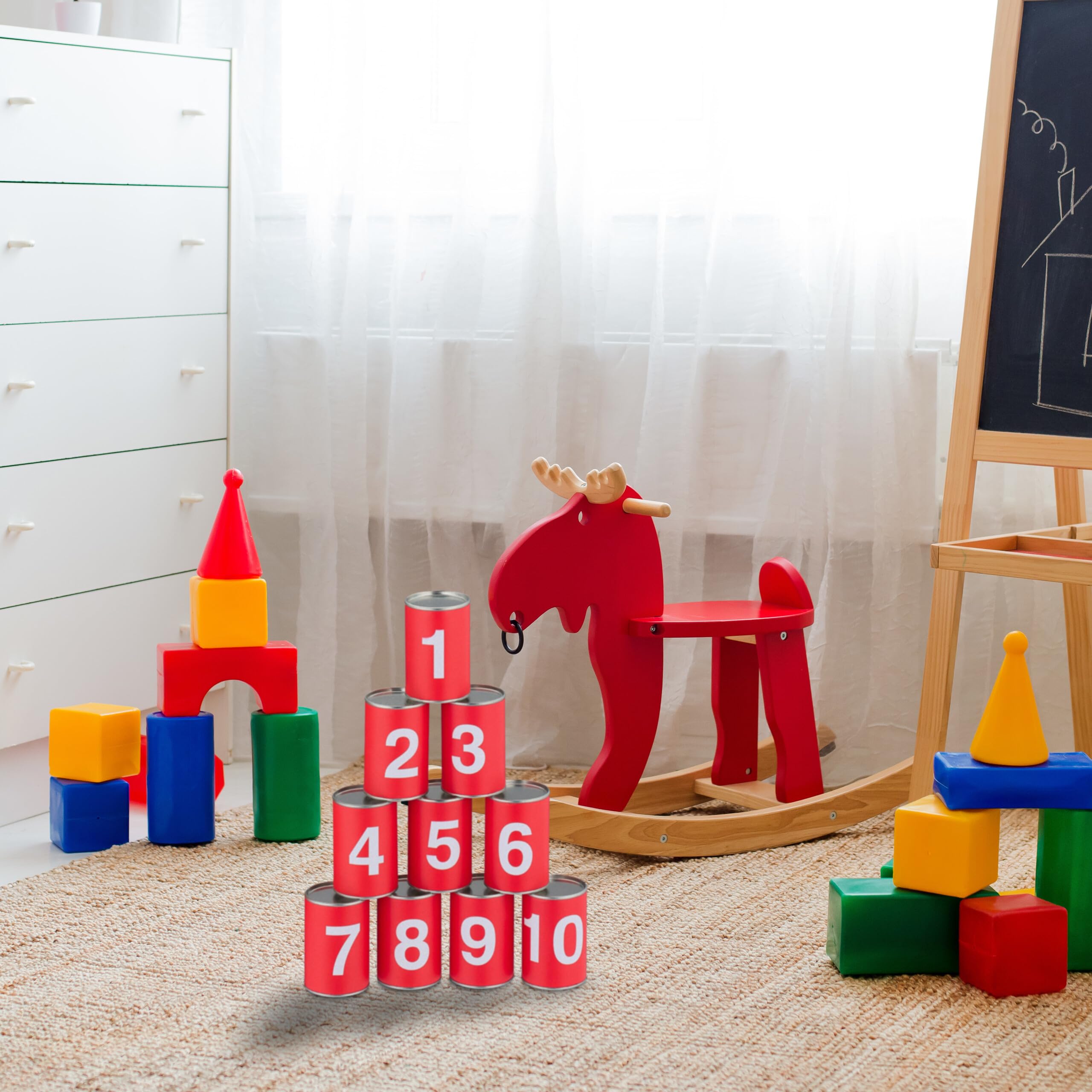 Relaxdays Tiro al Barattolo per Bambini, Giochi da Giardino, 10 Lattine e 3 Sacchi, per Feste di Compleanno, Rosso