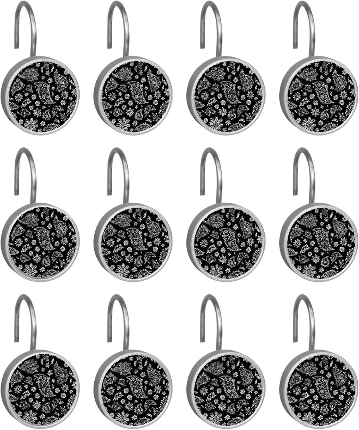 12PCS Paisley Motifs Ditsy Flowers (2) Shower Curtain Hooks Rings for Bathroom, Decorative Shower Curtain Hooks Rods Curtains and Liner