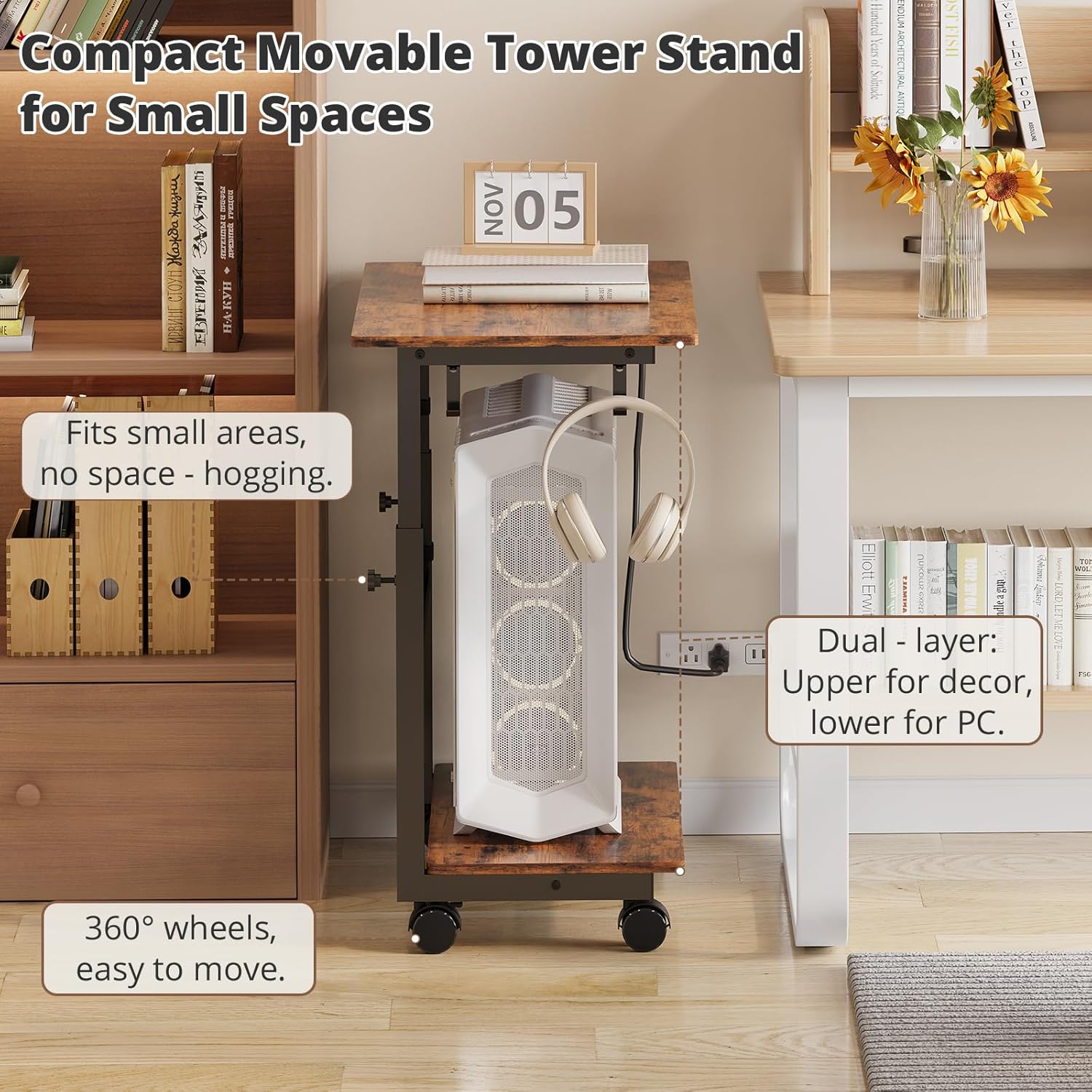 HavenlyYouth 2-Tier Computer Tower Stand with Power Outlet, Height Adjustable PC Tower Stand with Wheels, ATX-Case CPU Holder Cart with Hooks for Home, Office, Gaming (Brown)