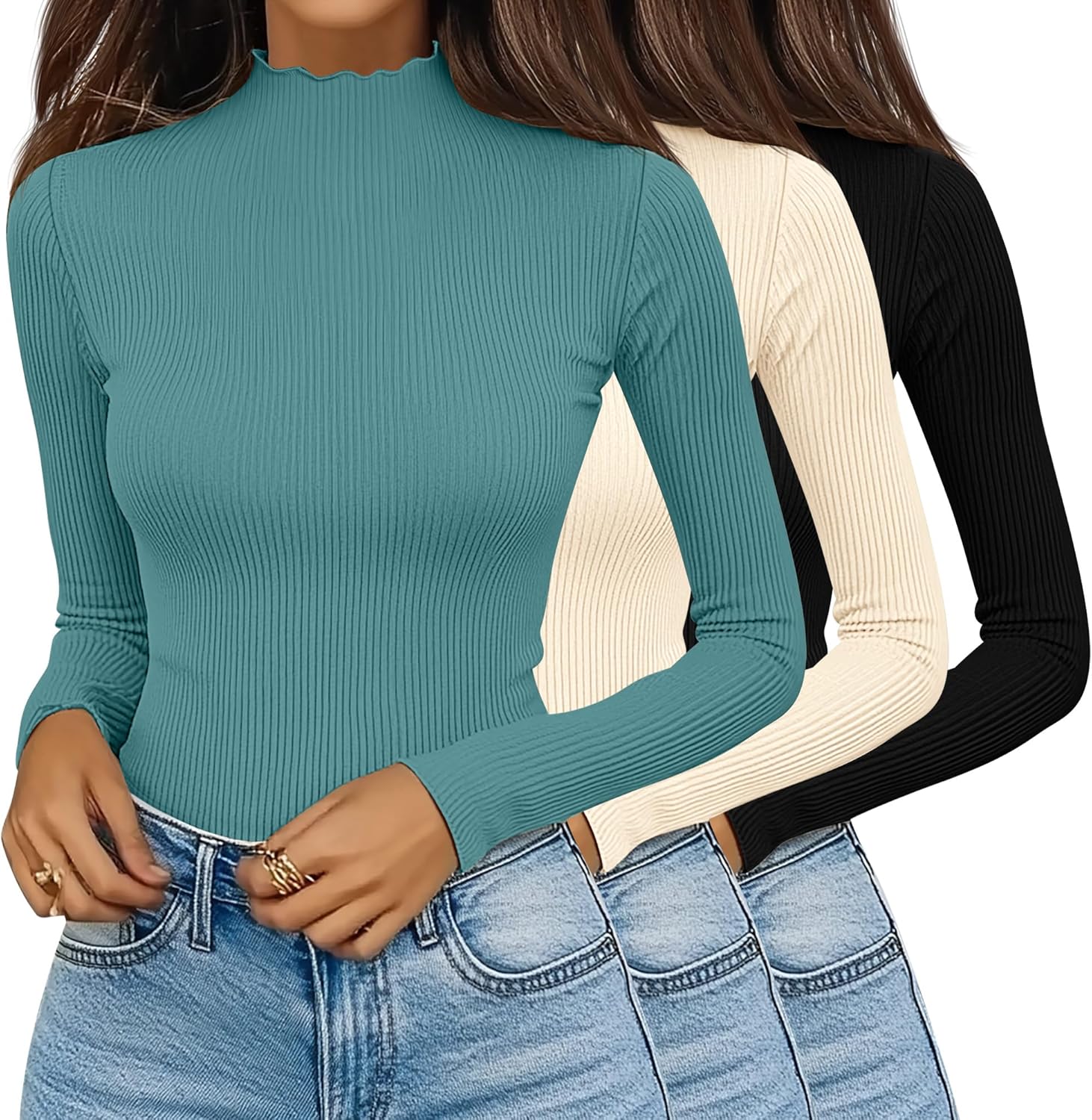 Huukeay 3 Pack Women's Ribbed Mock Turtleneck Tops Long Sleeve Lettuce Trim Neck T Shirts Slim Fit Basic Undershirt Tee