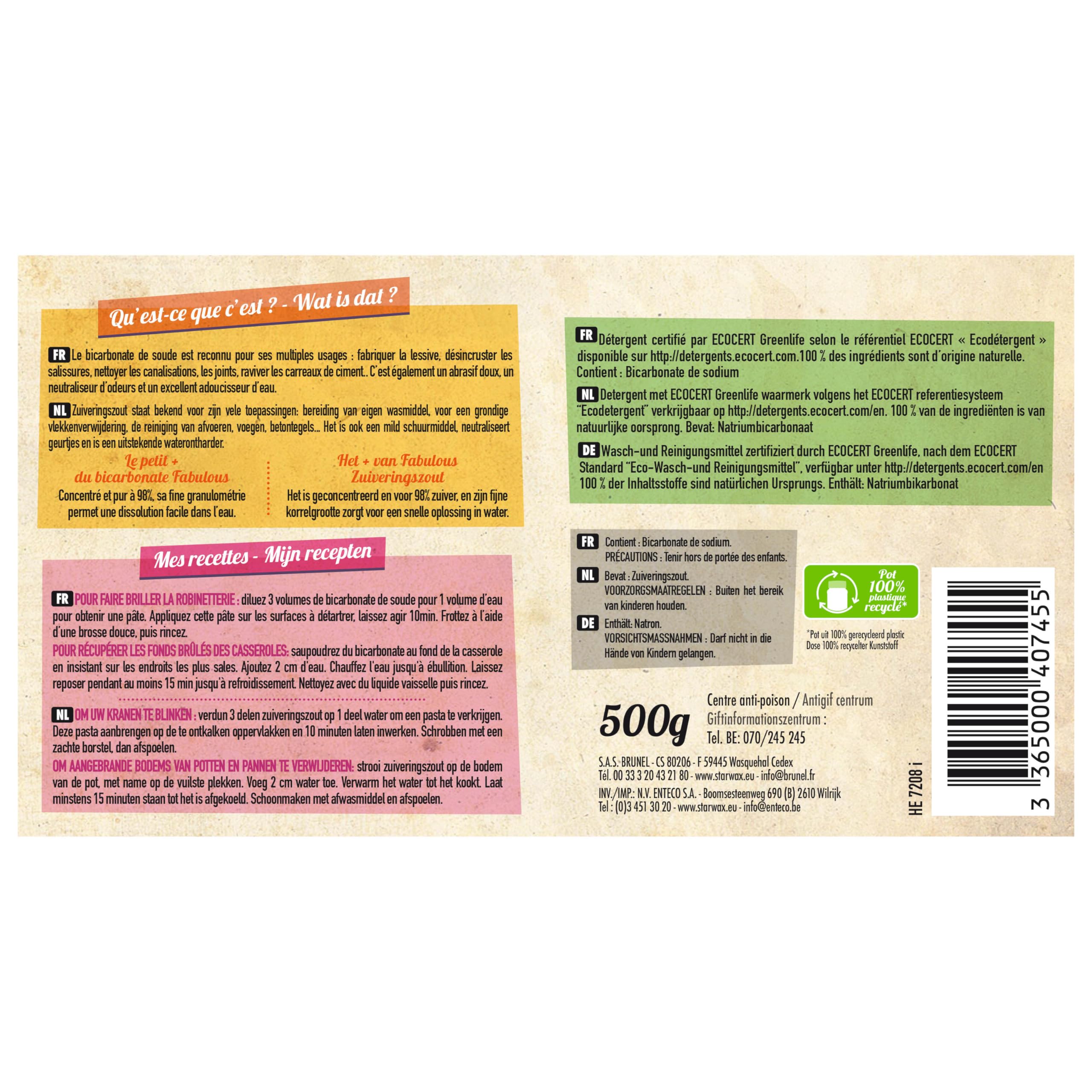 STARWAX THE FABULOUS - Sosa doméstica - Limpia, desengrasa, neutraliza los olores y hace que la casa brille - Esencial para el cuidado de la casa - Origen 100% natural - Ecocert - 500 g