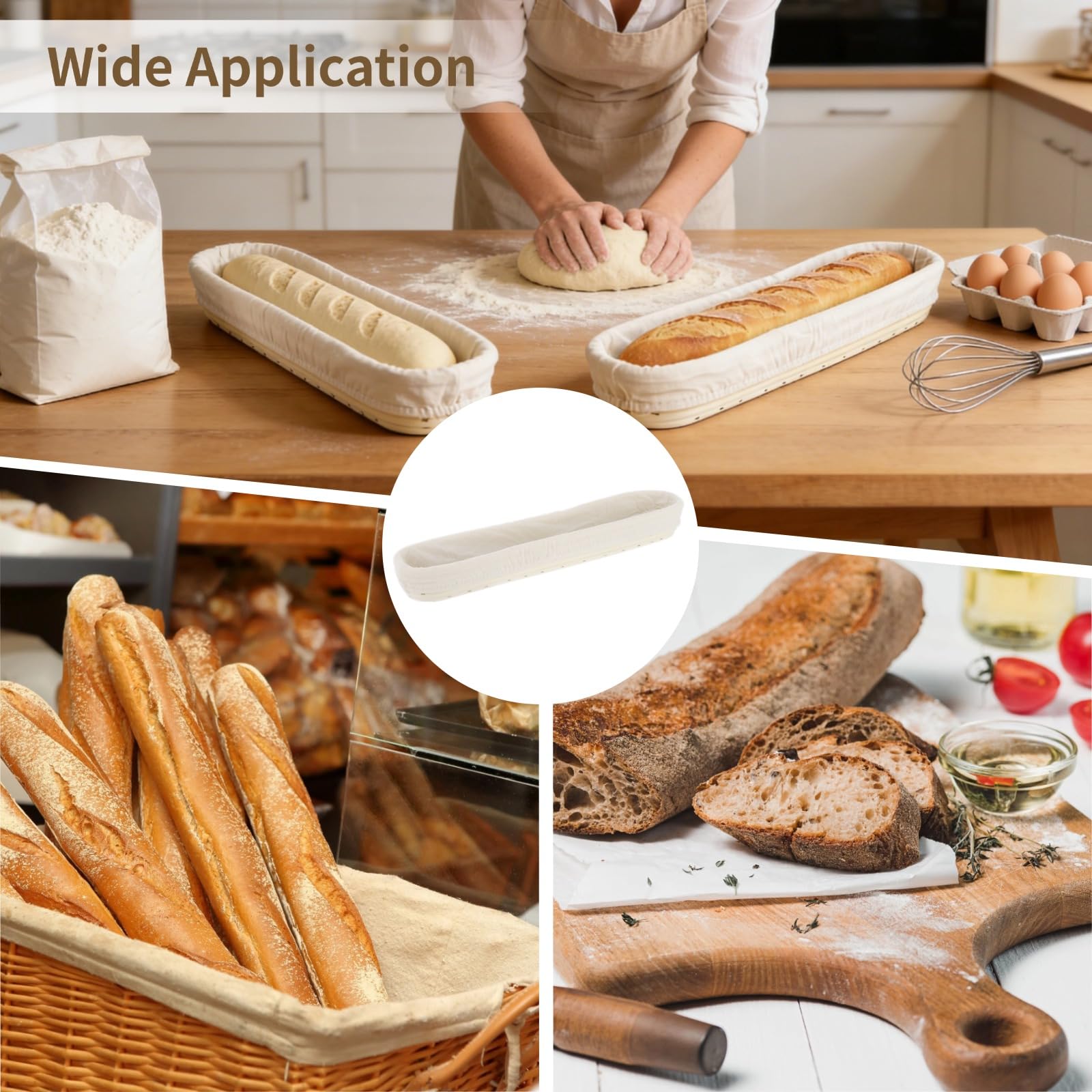 2 Stk. Baguette-Gärkörbe, 42,4 x 7,9 x 5,6 cm, aus natürlichem Rattan, handgeflochten, für Sauerteig und lange Brote, mit Stoffeinlagen, für Hobbybäcker und Bäckereibedarf