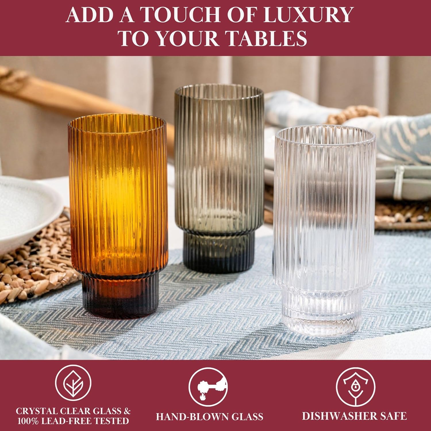 Qualia Carousel Amber Highball Glasses Set of 4 Ribbed Glass Cups 19 oz Fluted Cocktail Glasses Lead-Free Amber Glassware, Yellow Cup, Dishwasher Safe Drinking Glasses, House Warming Gifts