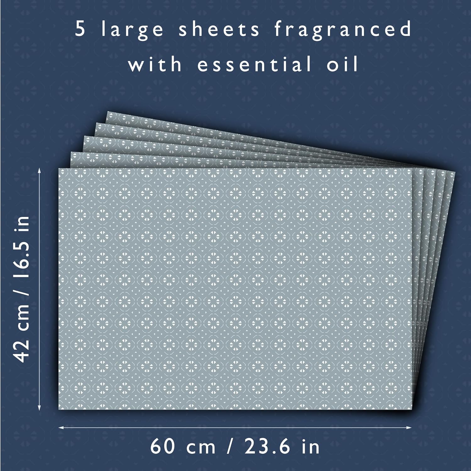 The Master Herbalist Fresh Linen Scented Drawer Liners in a Geometric Print in Dusk Blue (Folded) | Pack of 5 Sheets | Contains Essential Oils | Made in The UK.