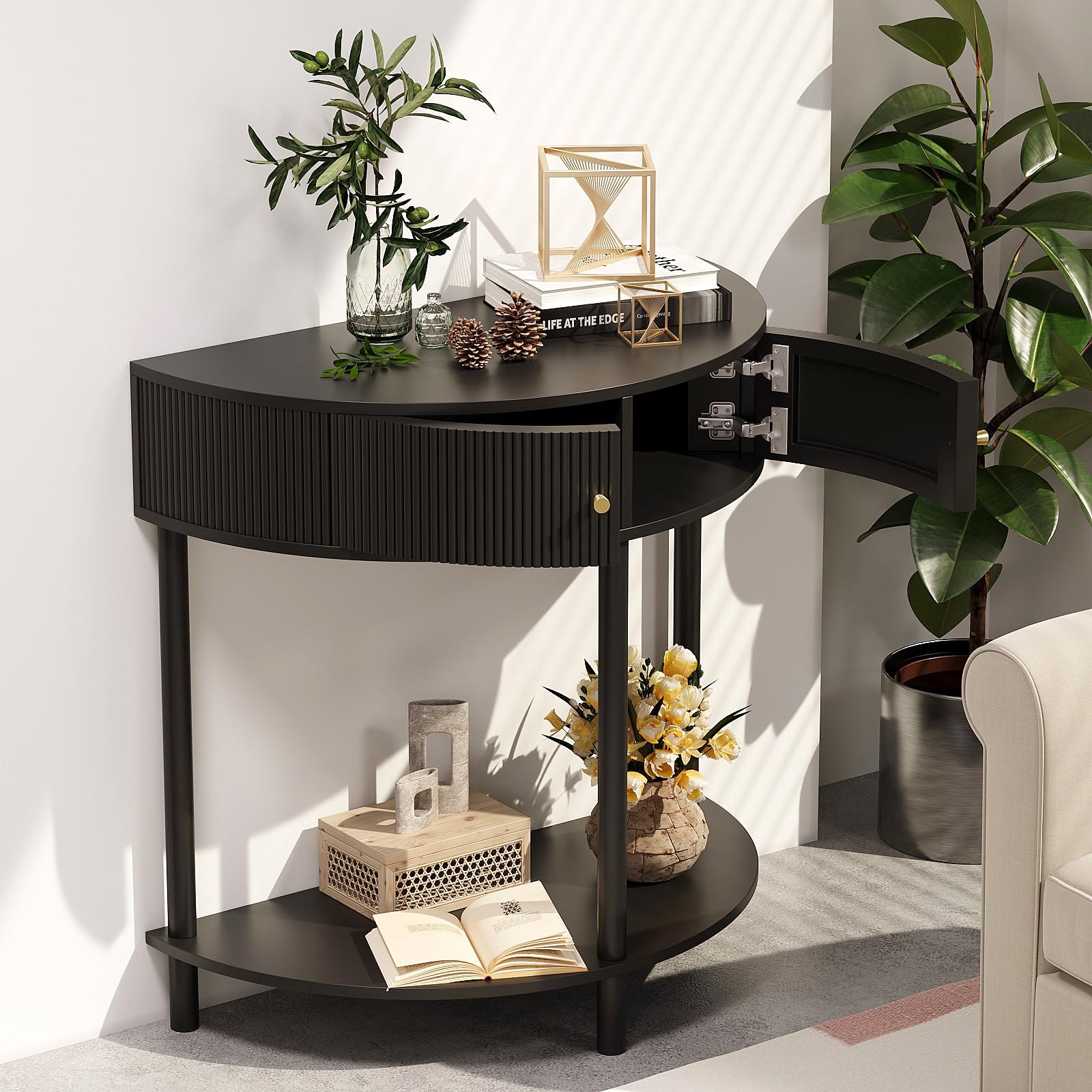 Trironsun Mesa de consola de media luna con espacio de almacenamiento, mesa de pasillo estrecha con 2 cajones, asas y estantes dorados, mesa auxiliar de madera boho para sala de estar, dormitorio o