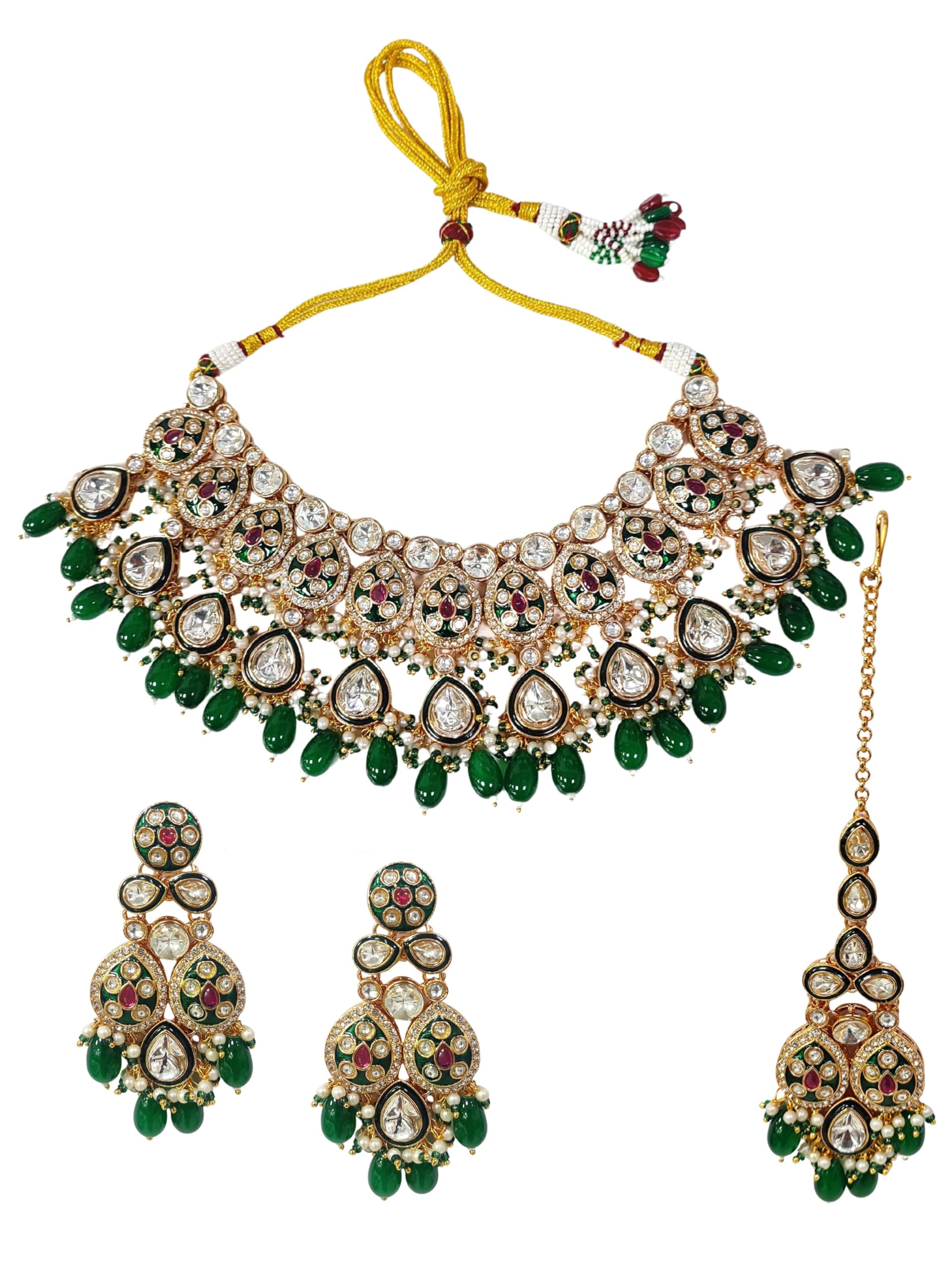 karatcart Stunning Gold-Plated Kundan and Green Meenakari Handcrafted Bridal Necklace Set for Women-picture-46