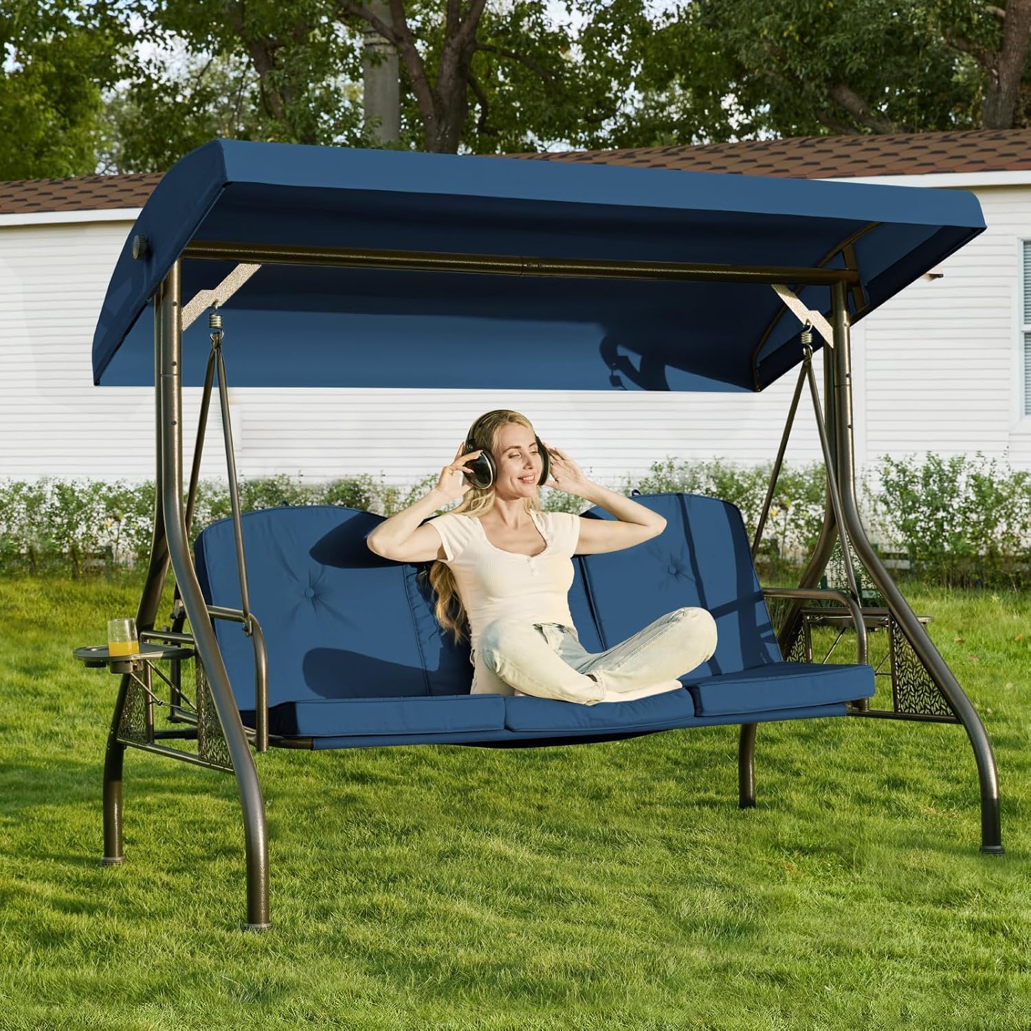 Porch Swing with Adjustable Canopy, 3-Seat Outdoor Swing with Stand 800lbs, 3-in-1 Convertible Swings Bed for Patio (Blue, Round Tube)