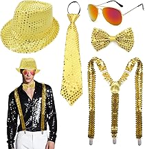 Xerteam Glitzer Outfit Herren, Pailletten Kostüme Herren mit Glitzer Hut Fliege Krawatte Y-Back Hosenträger Silber Gläser, Disco Kostüm Accessoires für Fasching Disco Retro-Party (Golden Pailletten)