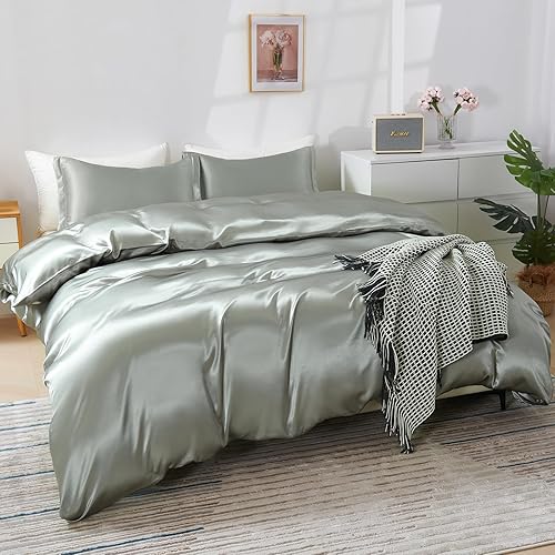Vista 32 de HOdo Home Funda de edredón de satén, tamaño Queen, 3 piezas, funda de edredón similar a la seda, ultra suave y transpirable, juego de ropa de cama