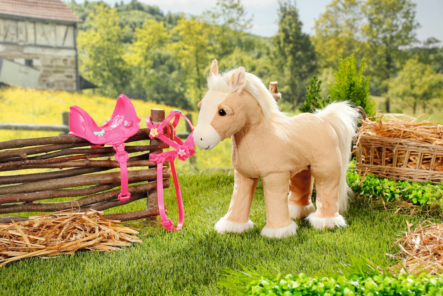 BABY born Zapf Creation 835203 My Cute Horse - Eletronisches Plüschpferd mit Lauf- und Soundfunktion, rosa Sattel, rosa Zaumzeug und Pins zum Dekorieren.