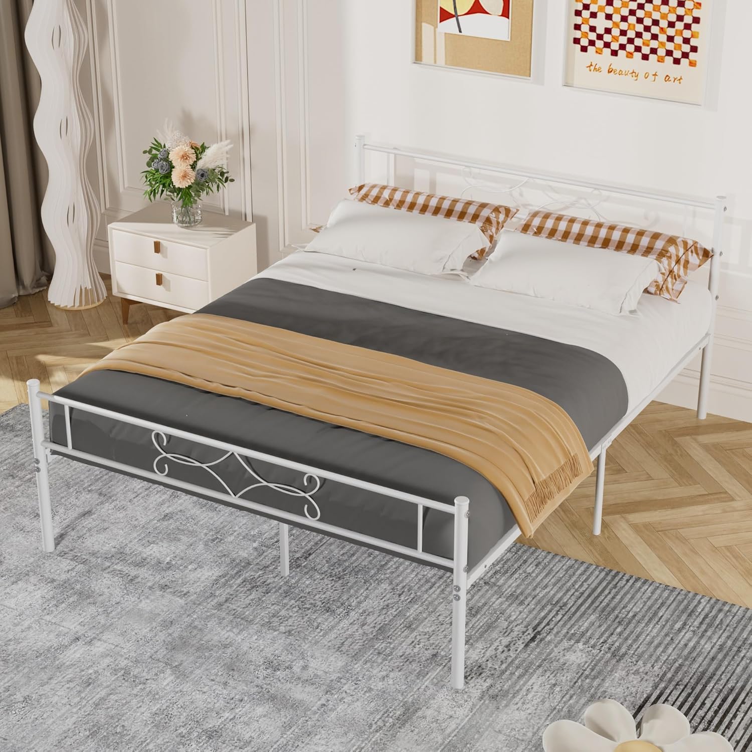 VECELO White Full Size Bed Frame Metal Platform/Mattress Foundation with headboard Footboard/Steel Slat Support/No Box Spring Needed/Easy Assembly