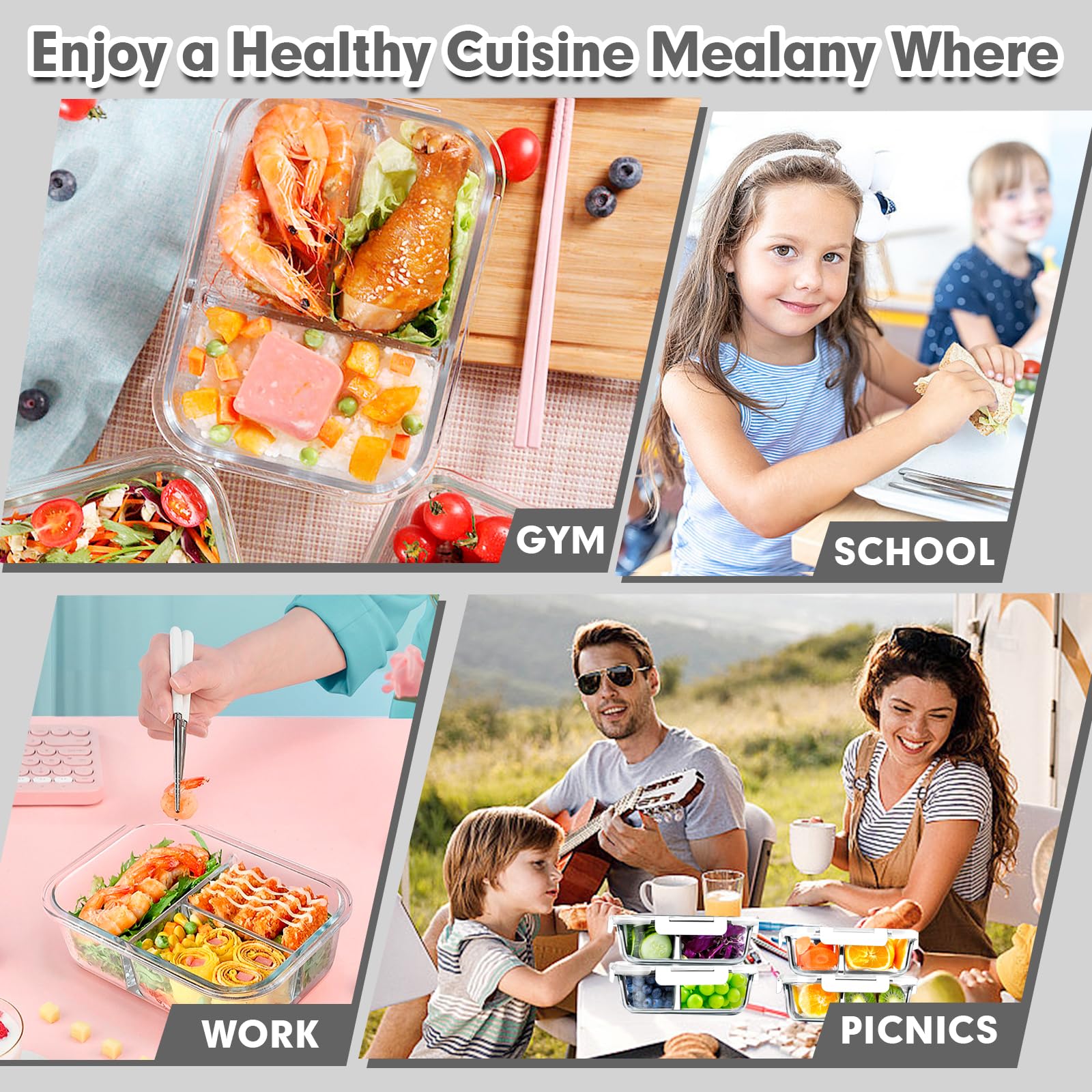 VERONES Paquete de 5 recipientes de vidrio para preparación de comidas, juego de 3 compartimentos, recipientes herméticos de vidrio de 36 onzas, recipientes de almacenamiento de alimentos con tapas