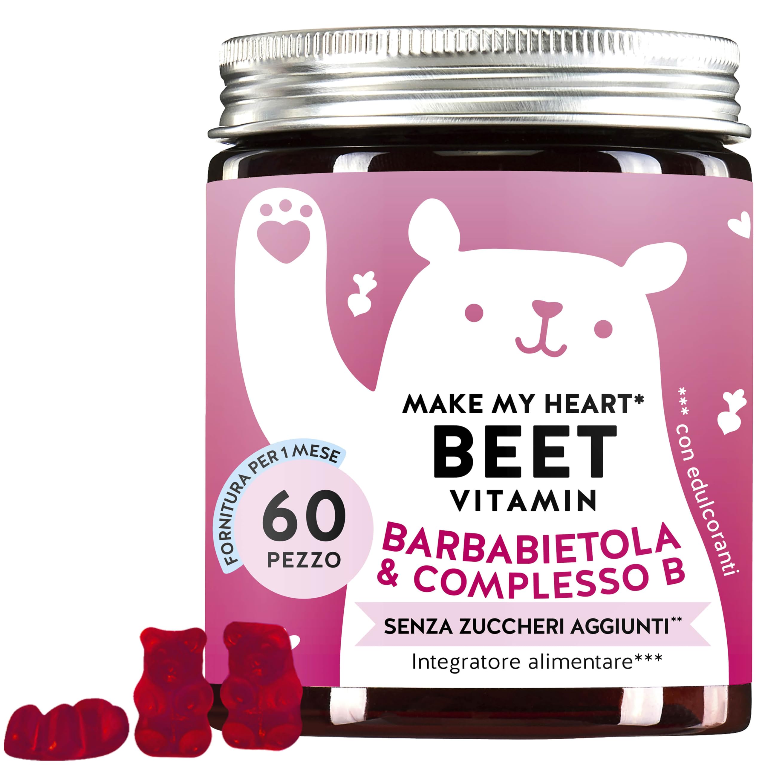 Orsetti gommosi alla barbabietola - energia e salute del cuore - Con 200 mg di estratto di barbabietola - Vitamine B12, B3, B1 e Q10-60 pezzi - Vegan - Senza zucchero - Bears with Benefits
