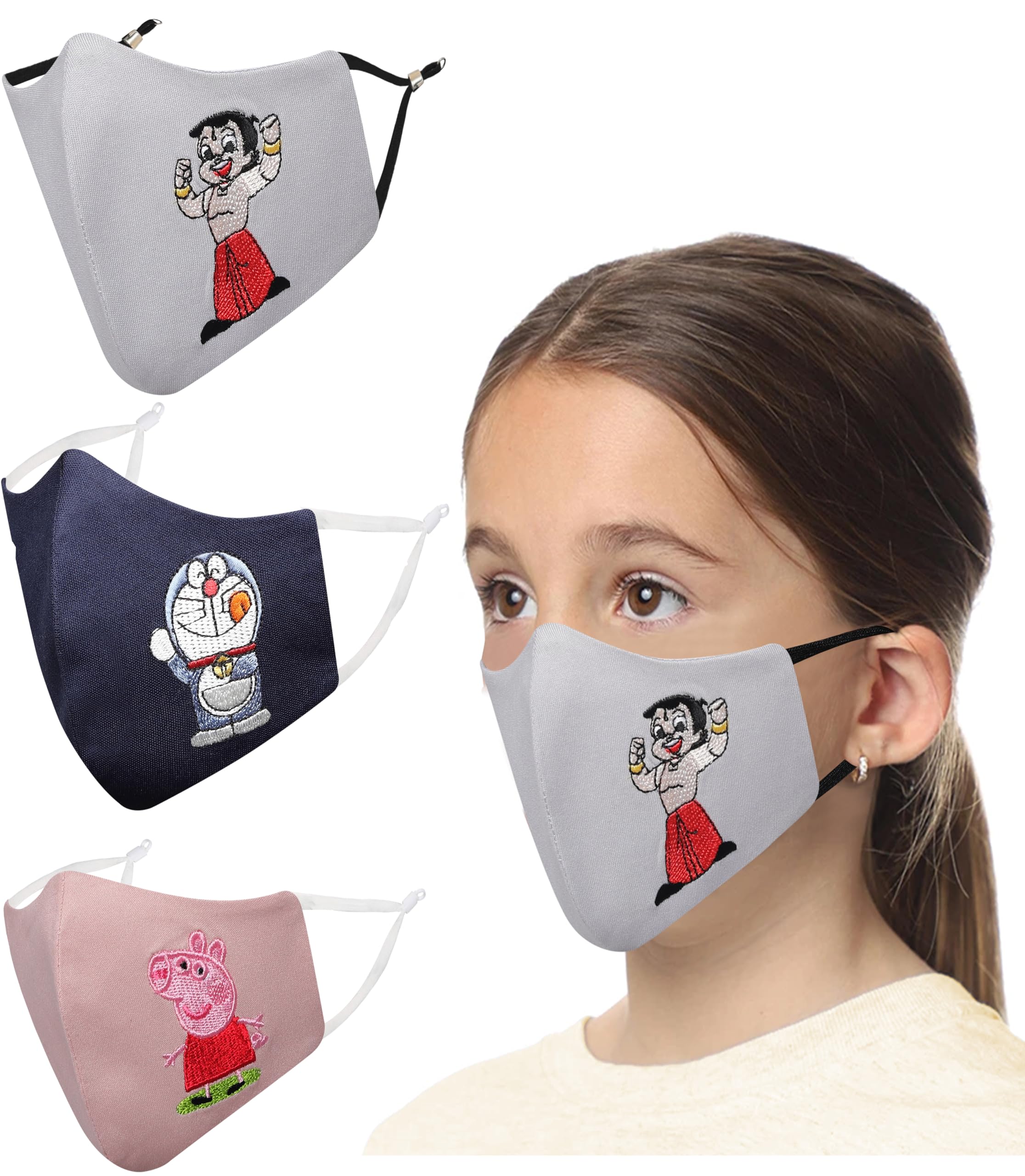 MASQ By Q-One Animation 4 Layer, Reusable, with Lanyard & Ear Adjusters, Anti-Bacterial (BFE>99%) Embroidered Cotton Cloth Face Mask for Kids (2-6 Years, Navy-Grey-Pink)