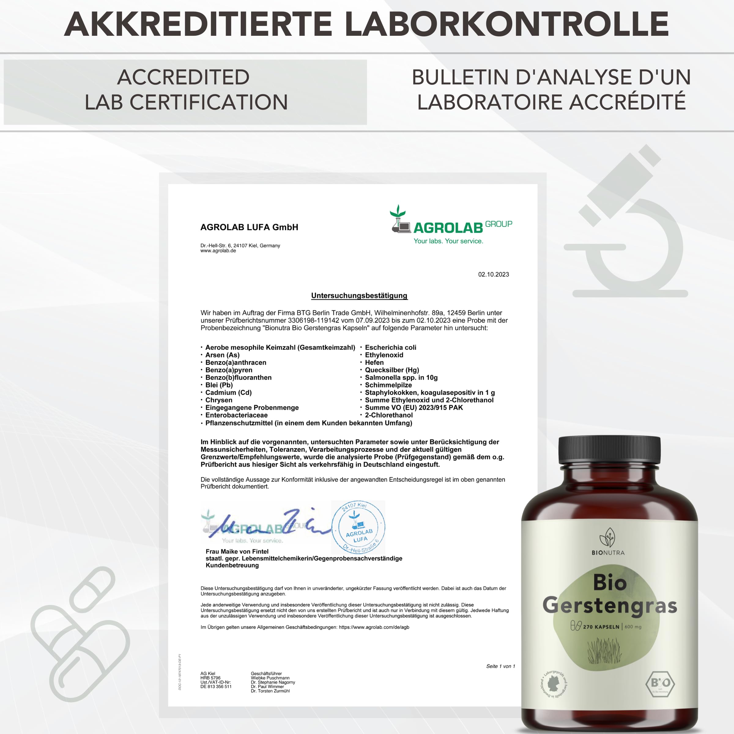 BIONUTRA® Capsule di Erba d’Orzo Bio ad alto dosaggio, 4800 mg dose giornaliera, controllate per residui, produzione tedesca, vegane, senza additivi, polvere di erba d’orzo bio, 270 pezzi x 600 mg