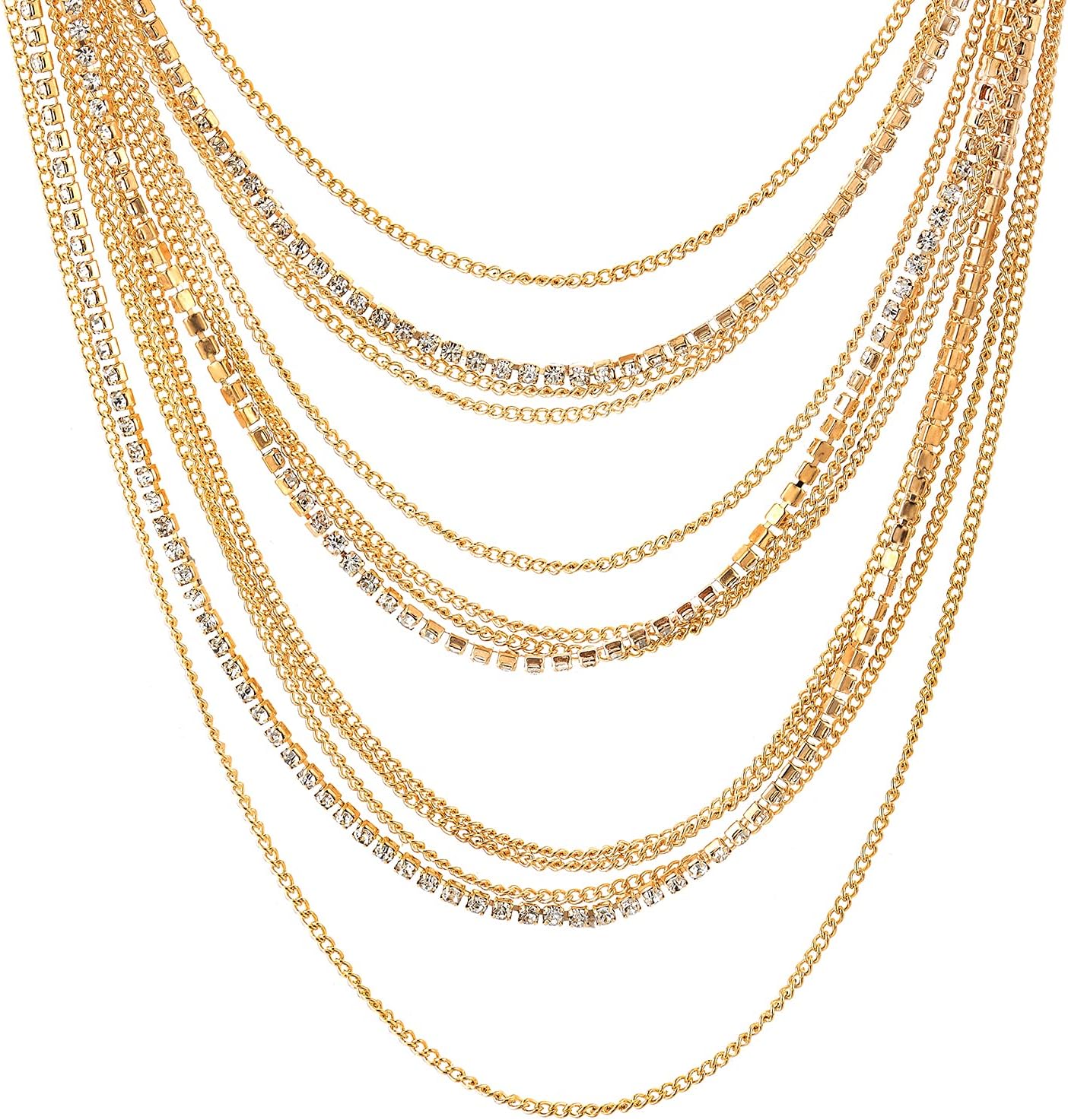 Waterfall Multi-Strand Chains Statement Collar Necklace with Rhinestones Chains, Dress - Image 2